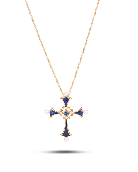 Modern Enamel, Sapphire & Pearl Cross, Franklin Mint