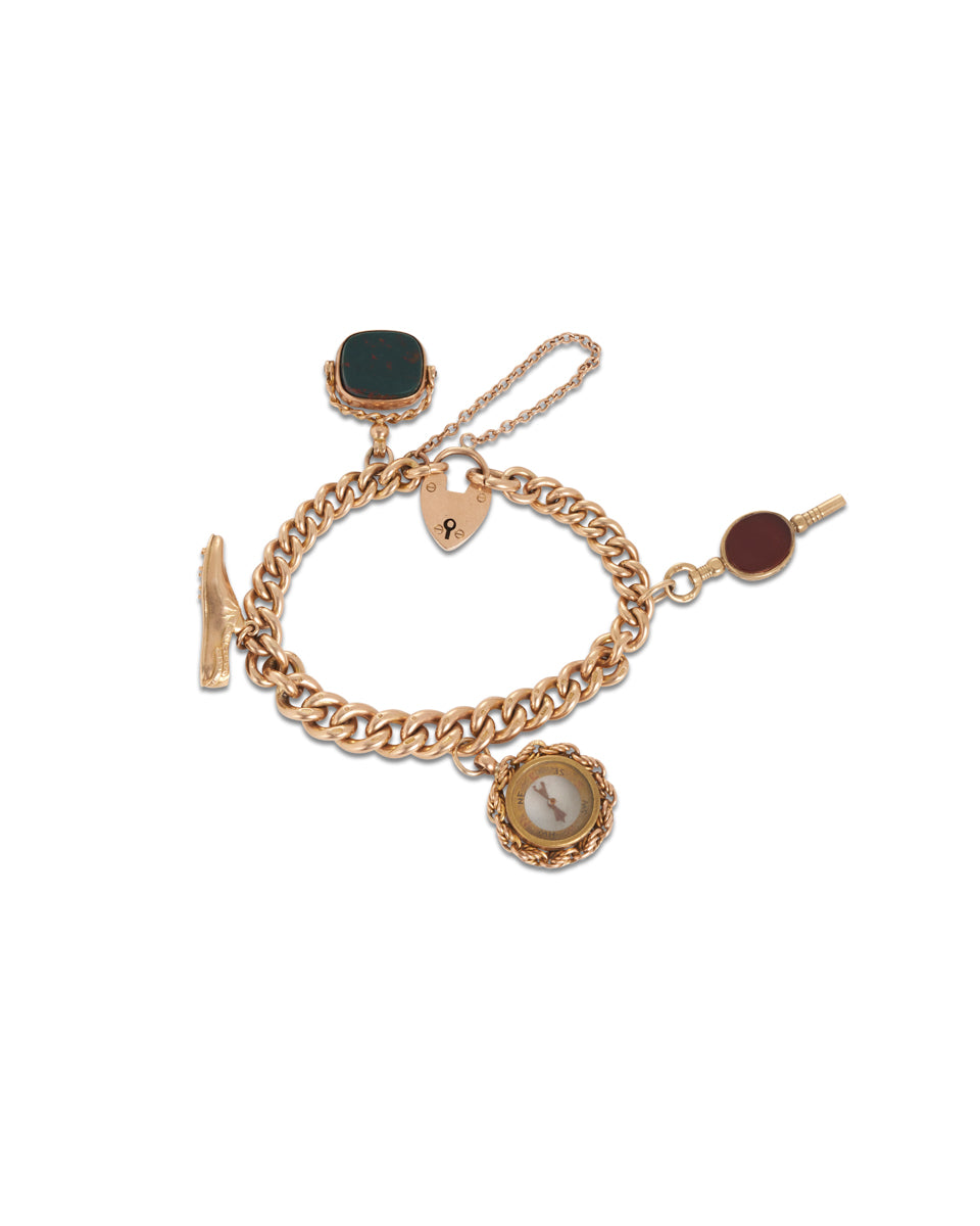 Antique Gold Curblink Heart-shaped Padlock Charm Bracelet
