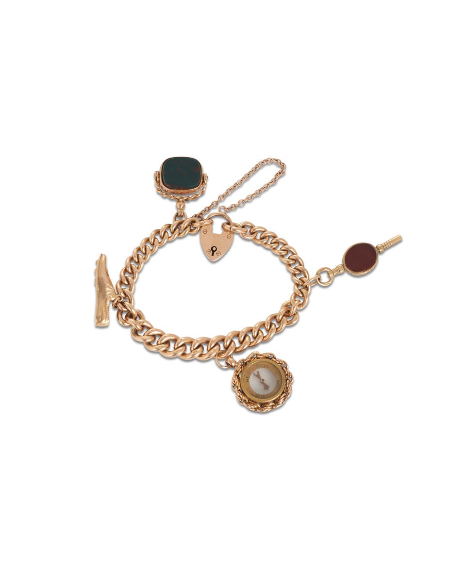 Antique Gold Curblink Heart-shaped Padlock Charm Bracelet