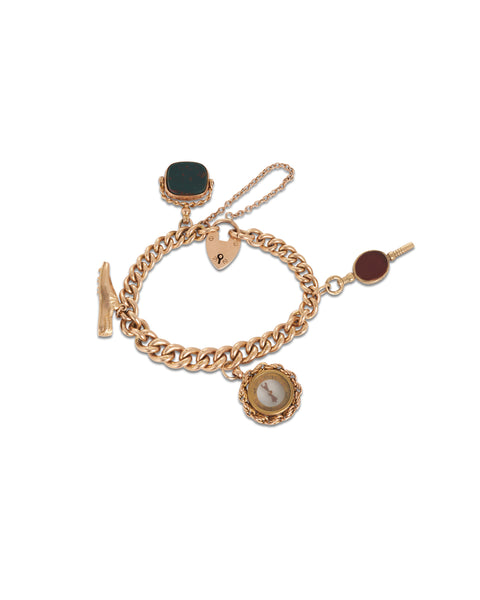 Antique Gold Curblink Heart-shaped Padlock Charm Bracelet