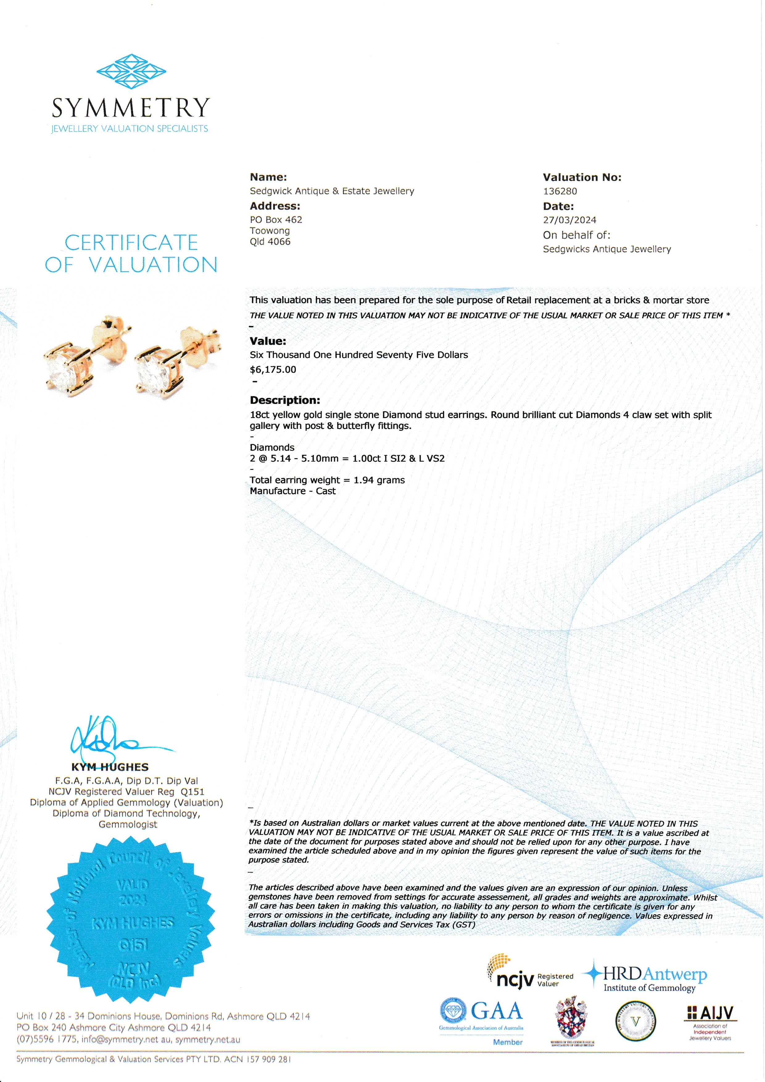 Diamond Stud Earrings 1.00 carat total weight