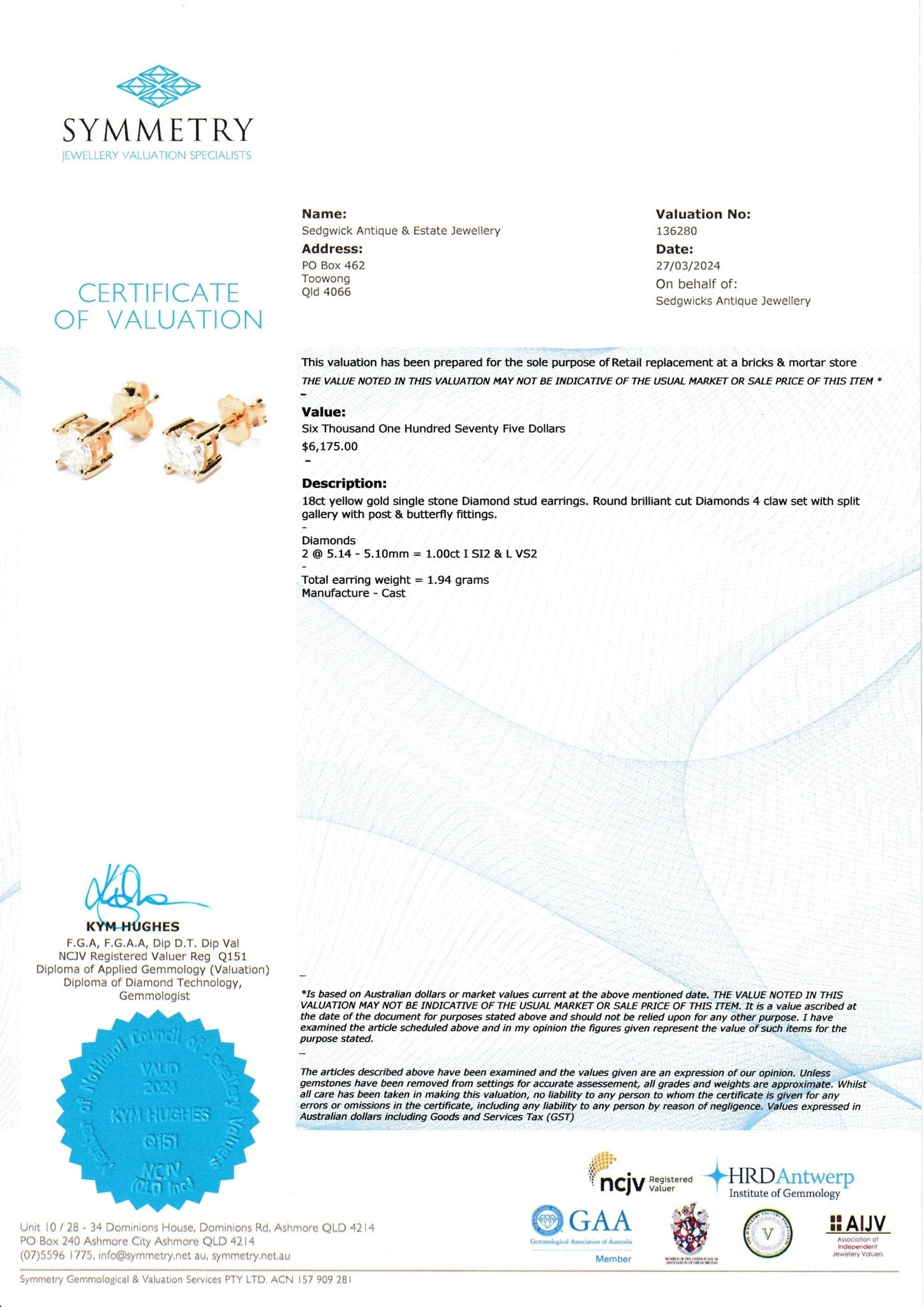 Diamond Stud Earrings 1.00 carat total weight