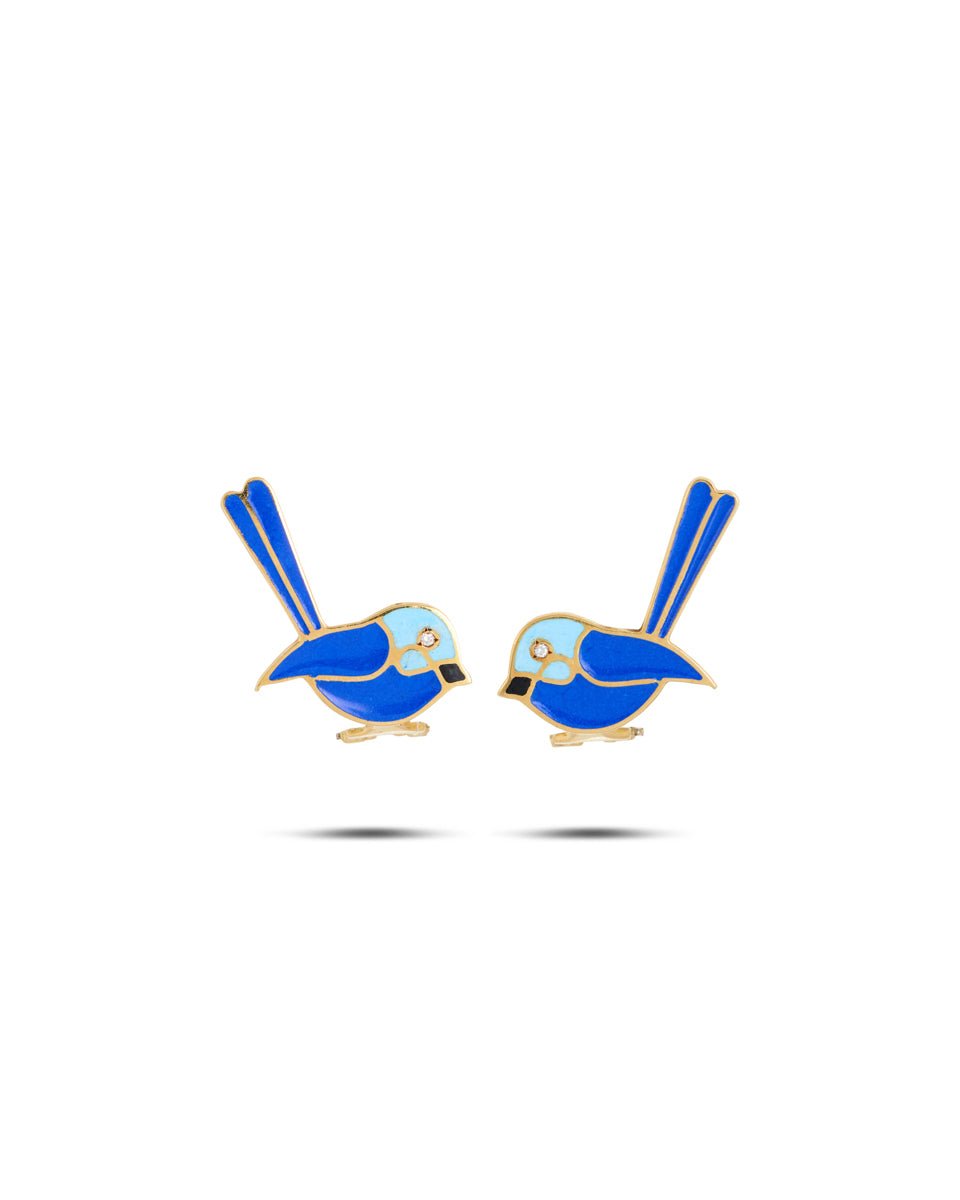 Diamond & Enamel Bluebird Fairy Wren Earrings