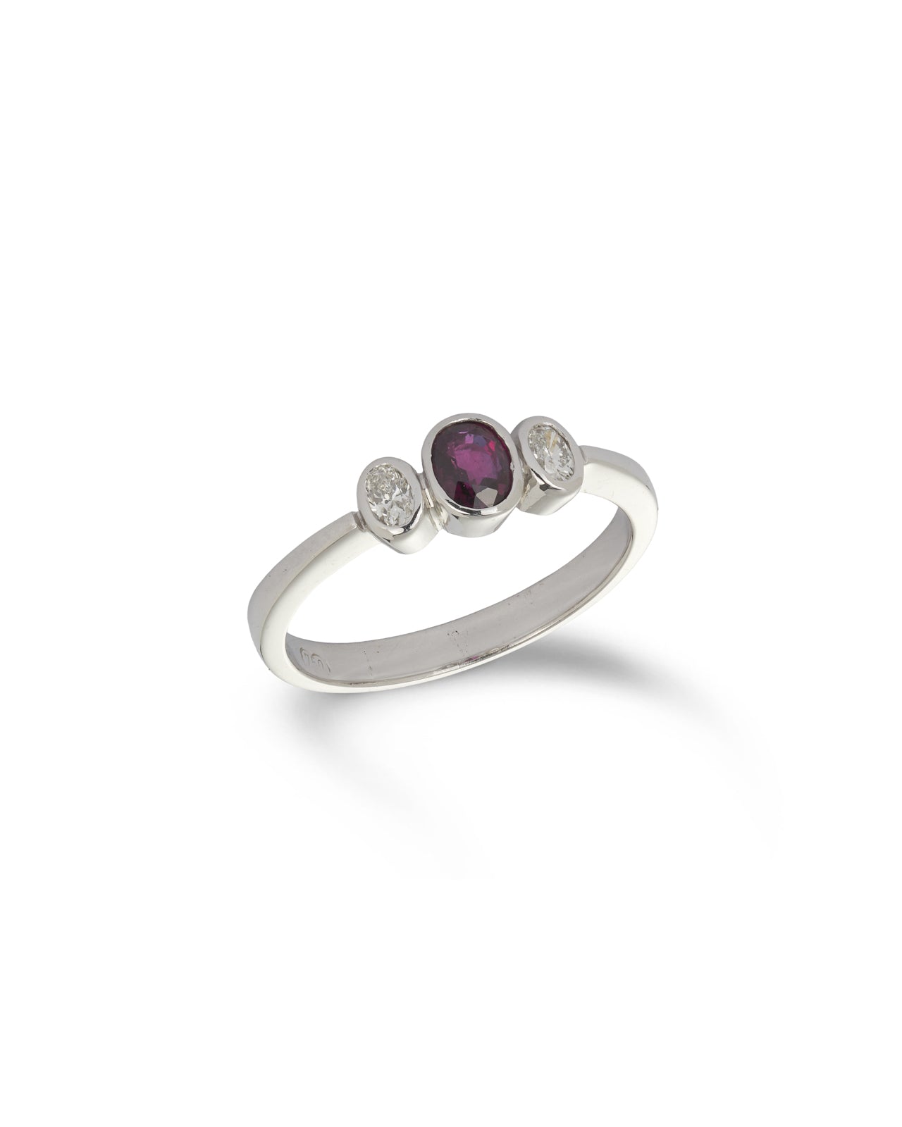 Ruby & Diamond Triology Ring. 18ct white gold ring