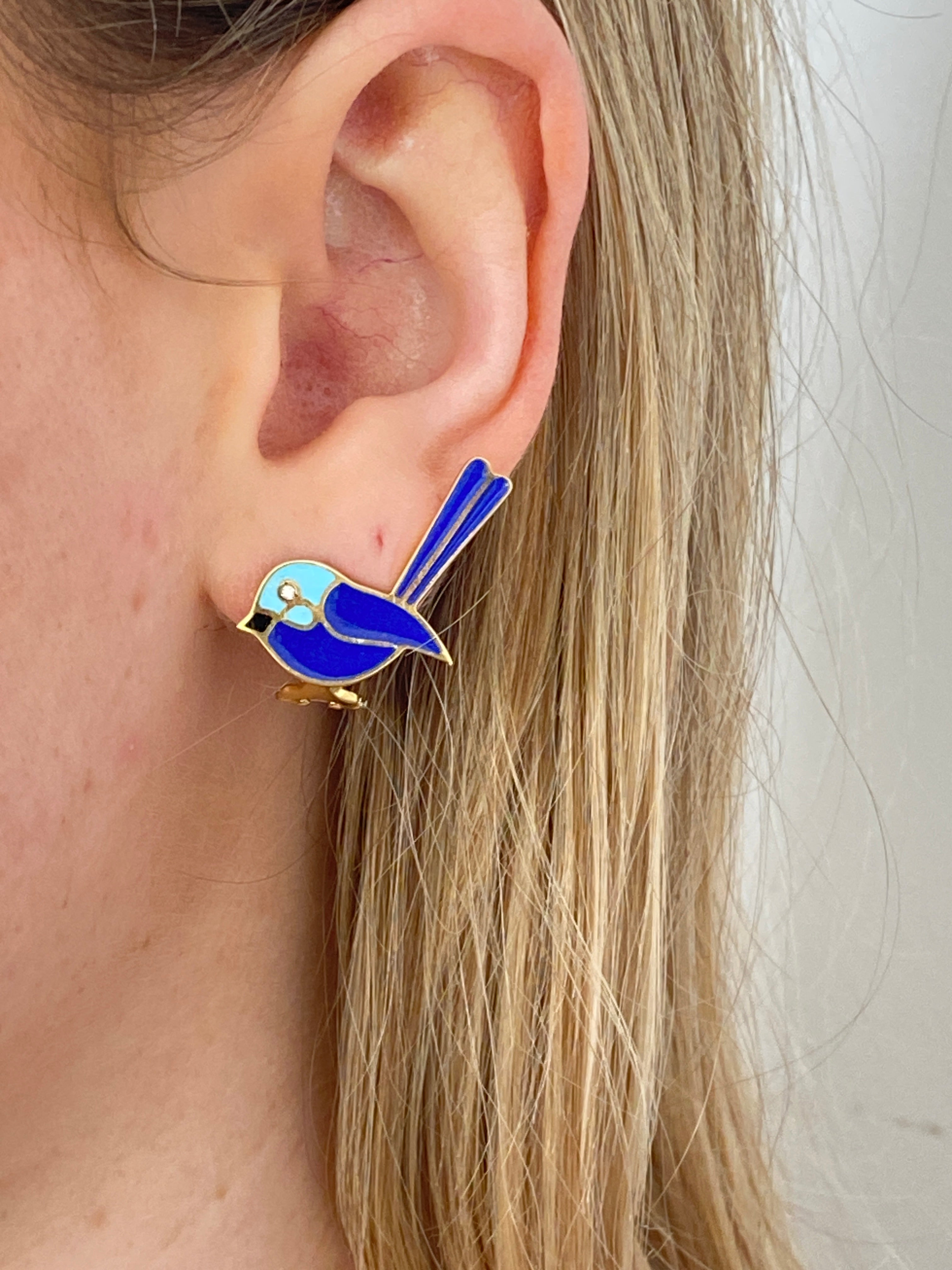 Diamond & Enamel Bluebird Earrings