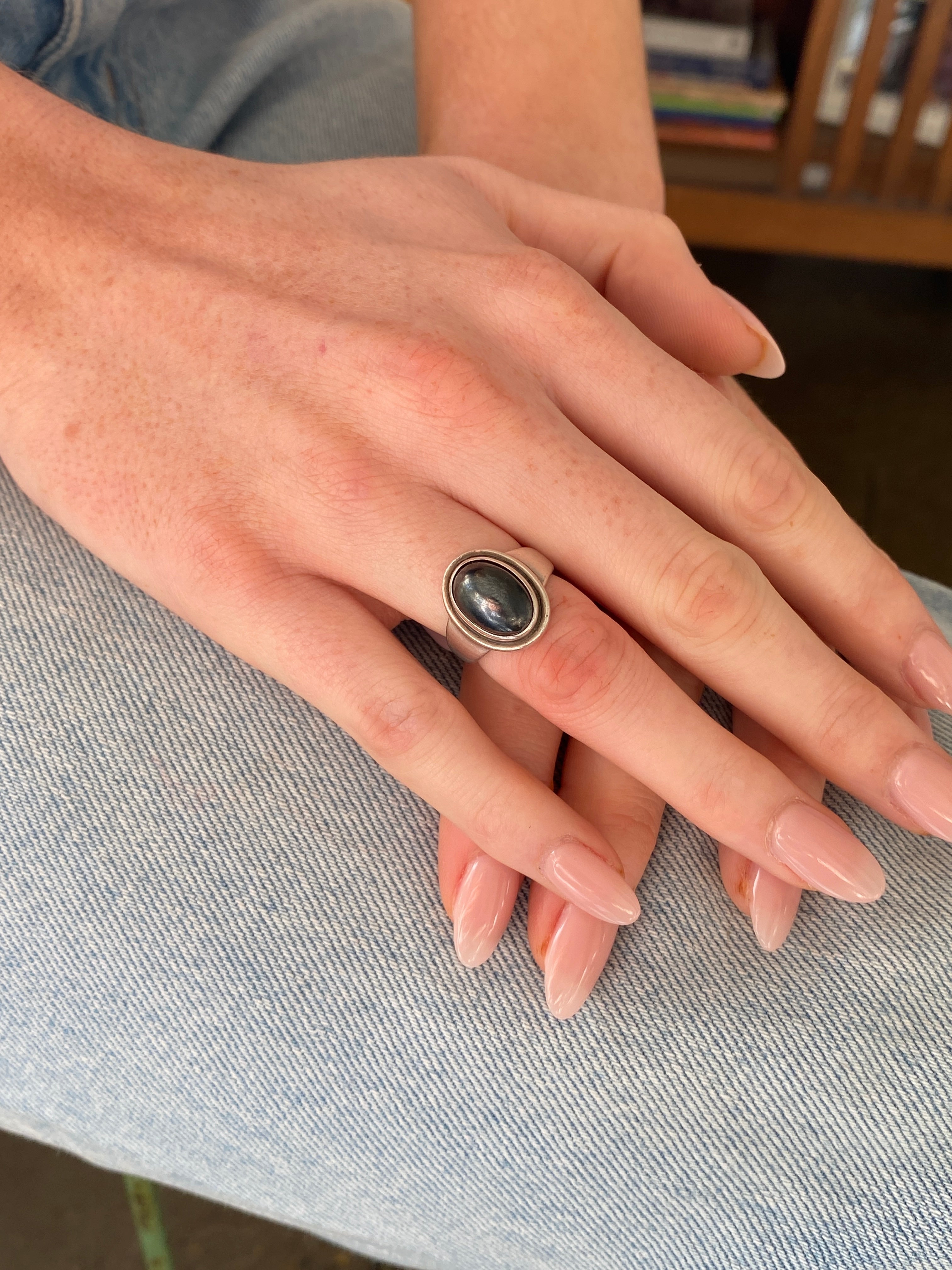 Vintage Silver & Hematite Ring, Georg Jensen, Designer Harald Nielsen, Pattern # 46B. 1980's.