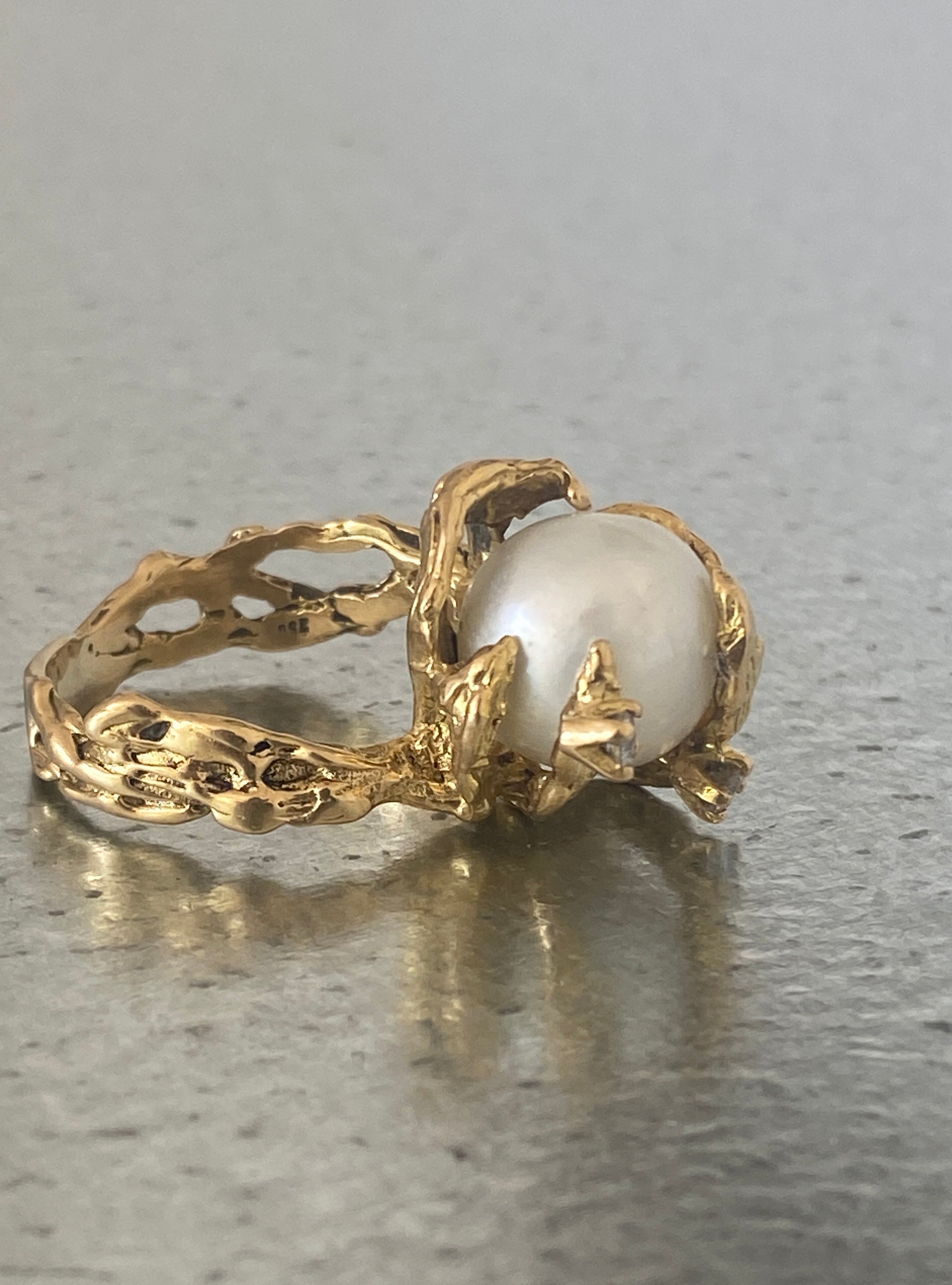 Modernist Gold, Pearl & Diamond Ring