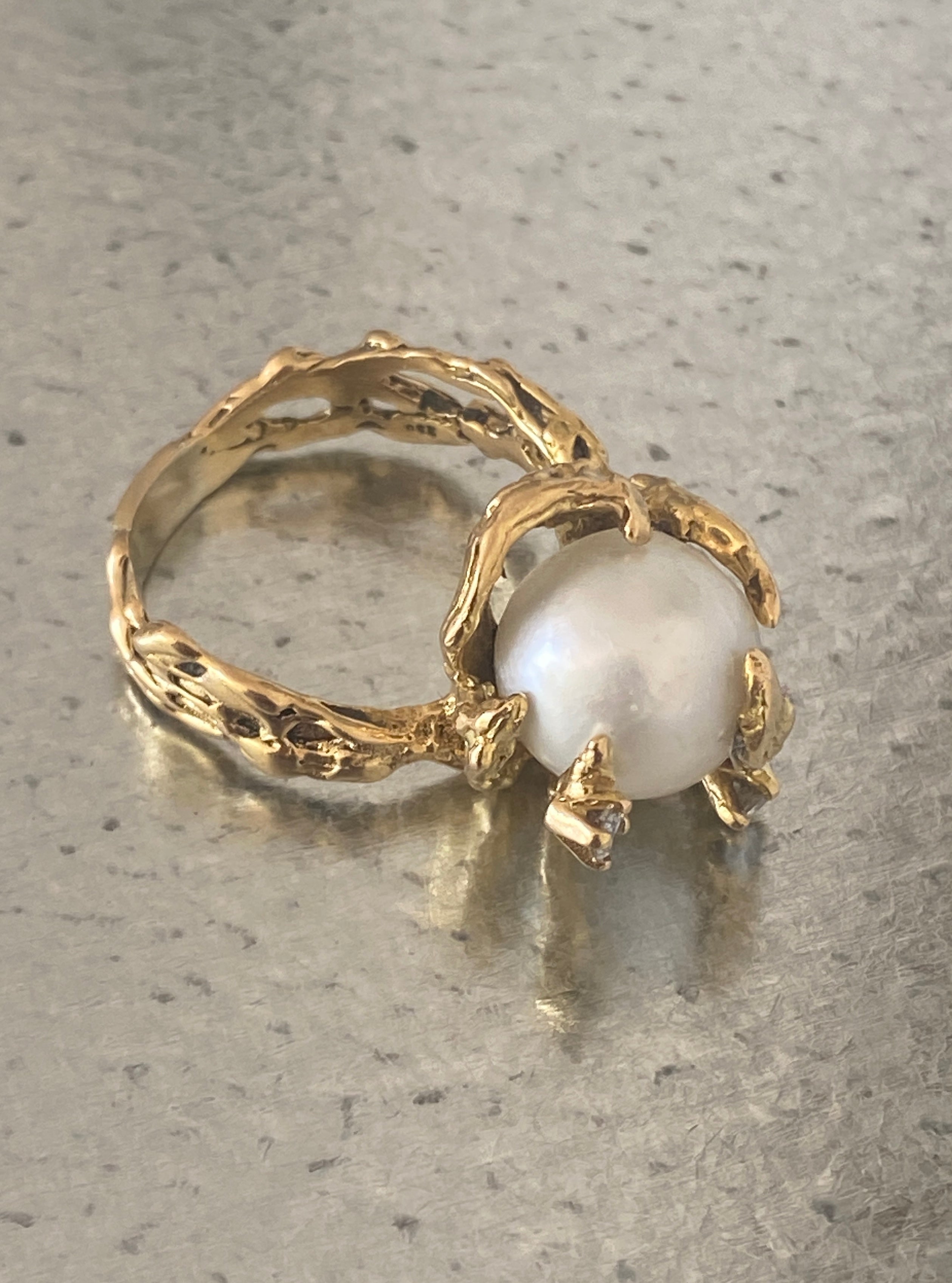 Modernist Gold, Pearl & Diamond Ring