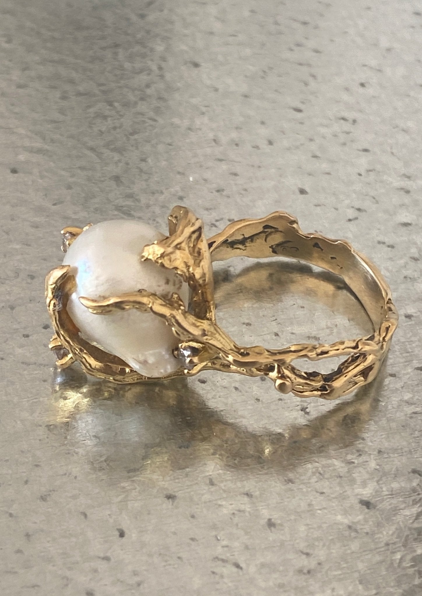 Modernist Gold, Pearl & Diamond Ring