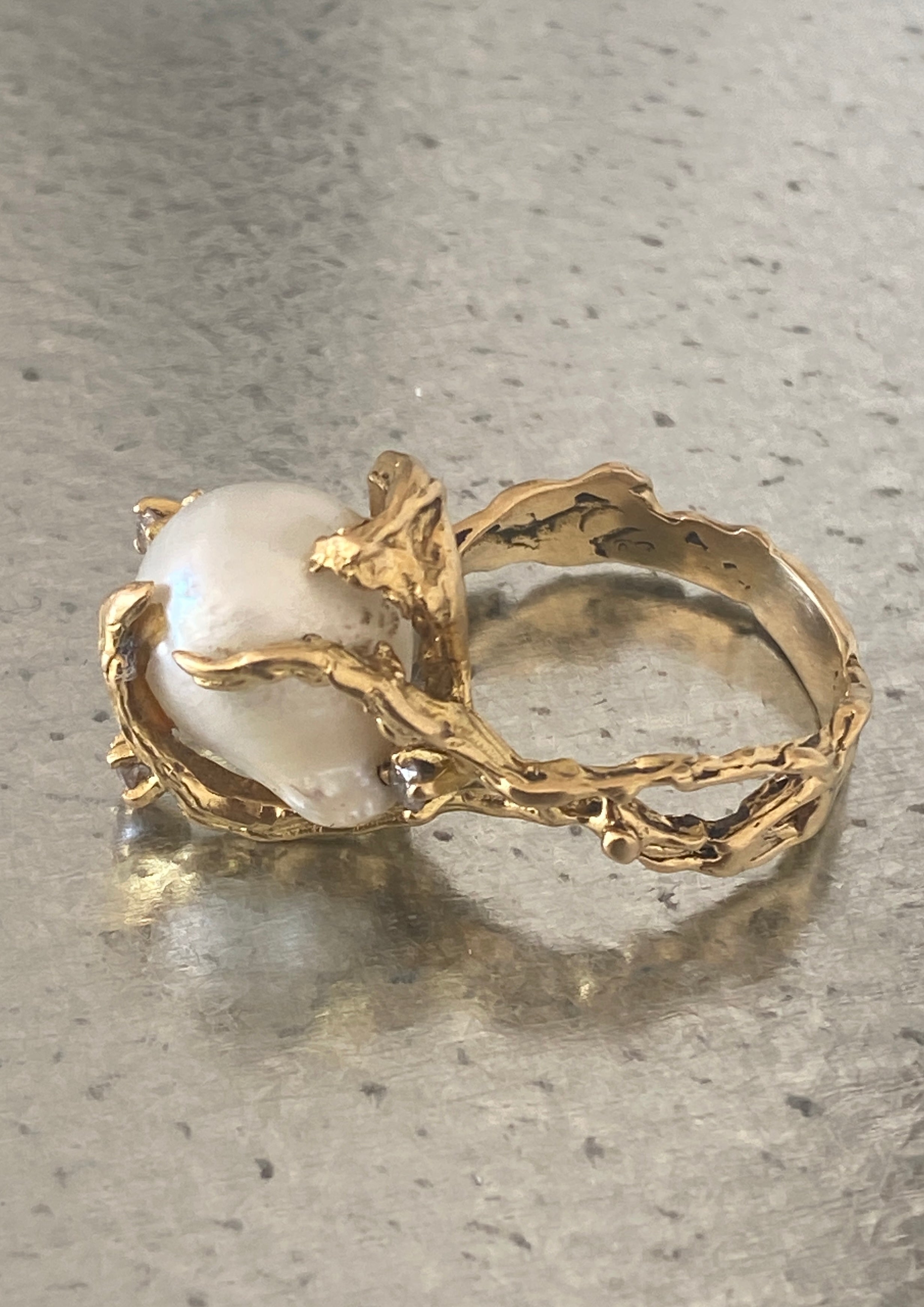 Modernist Gold, Pearl & Diamond Ring