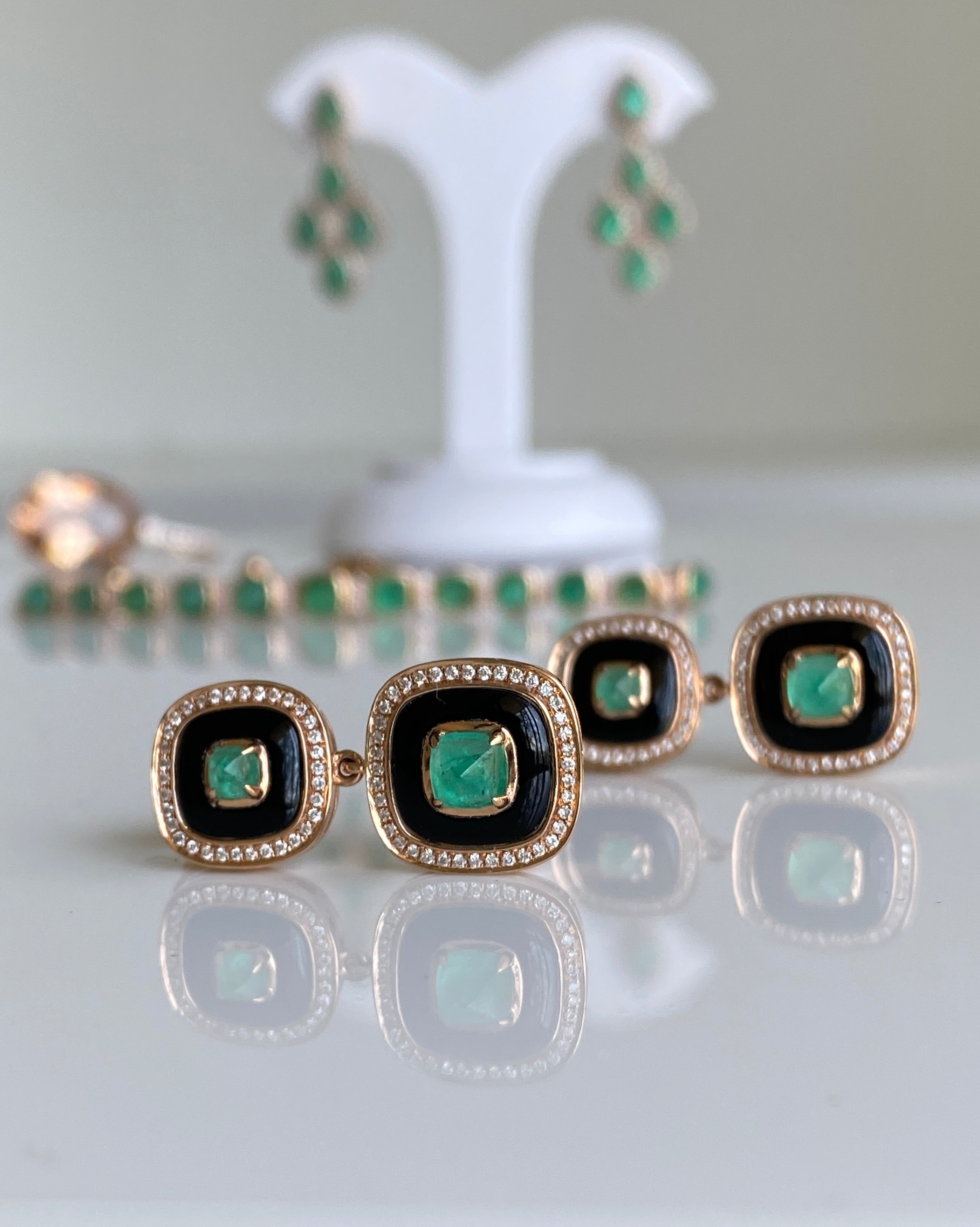 Art Deco Style Emerald, Onyx & Diamond Earrings