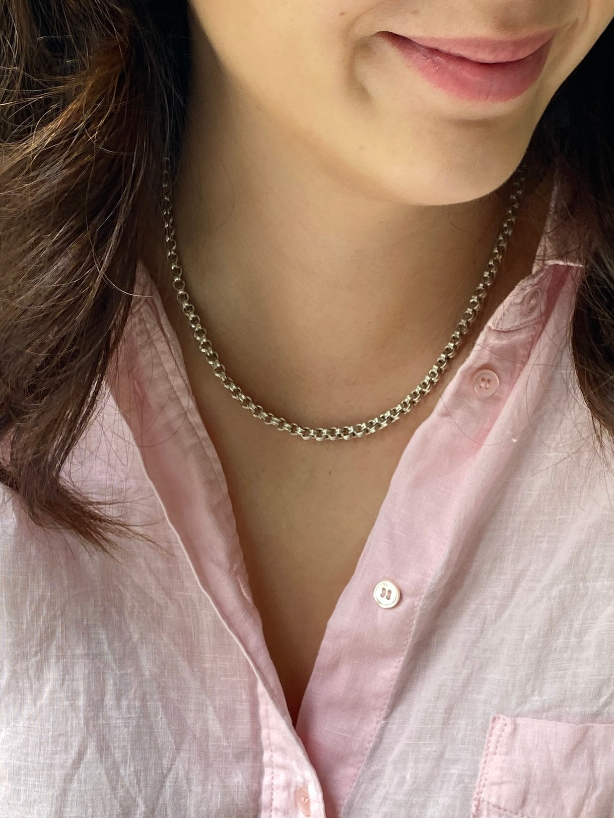 Antique Victorian Sterling Silver Chain Necklace, of double belcher design, hung with a bolt ring clasp.