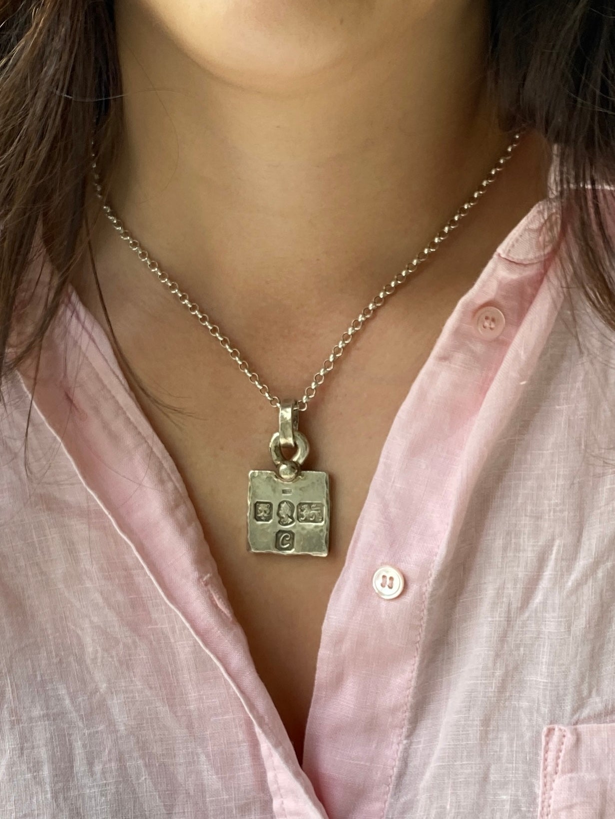 Vintage Silver Ingot Pendant on Chain. The 1970's chunky square hallmarked plaque hung on a belcher link chain.