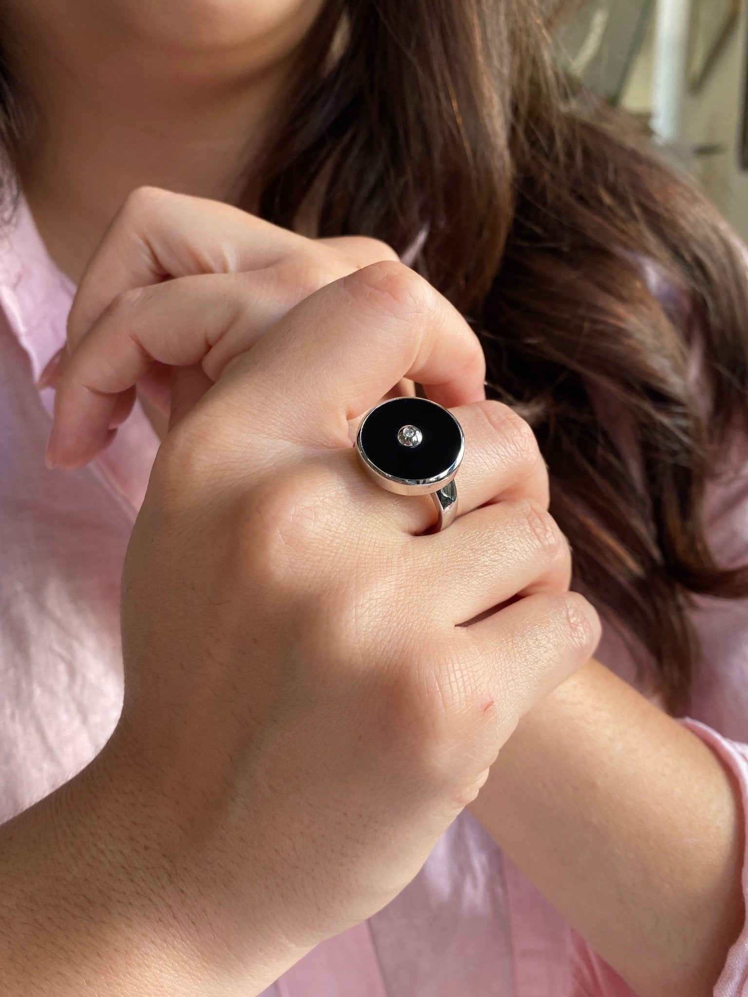 Silver Onyx and Diamond Target Ring