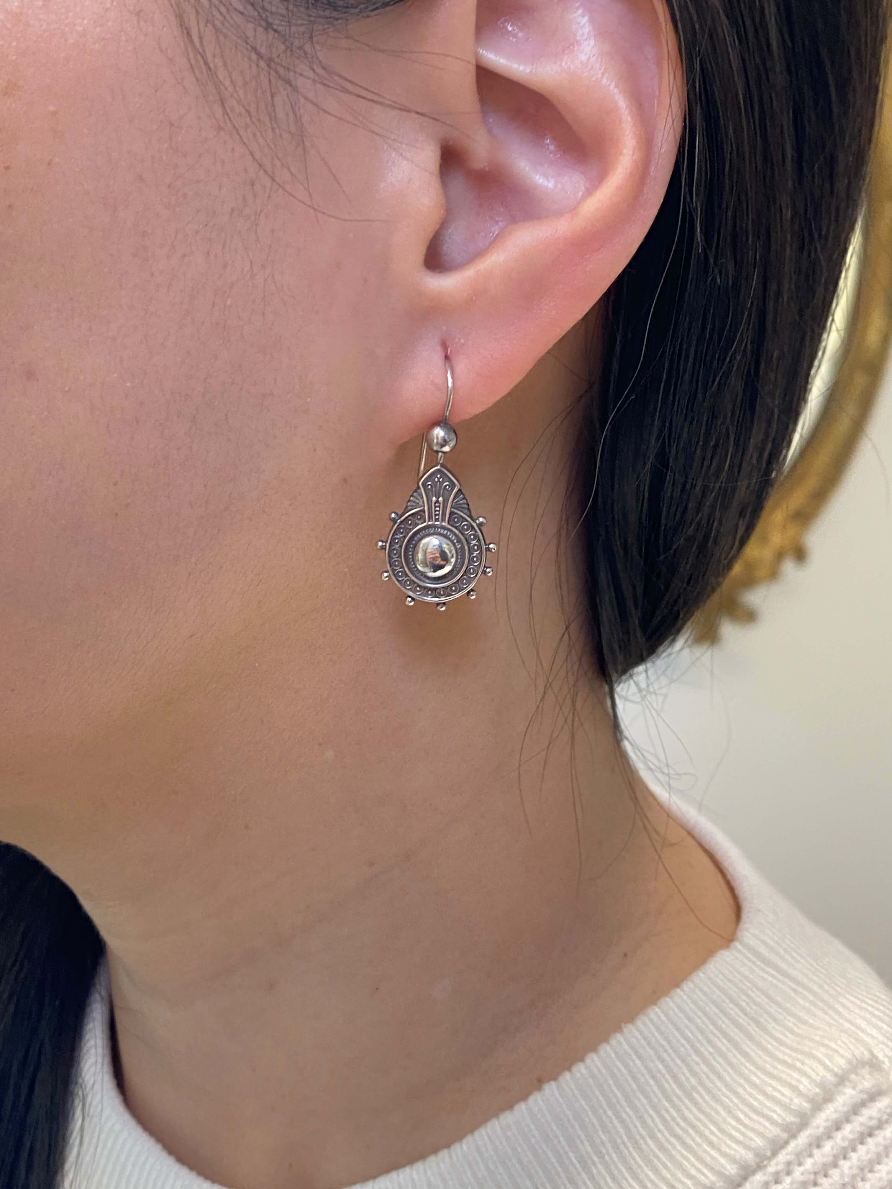 Antique Victorian Sterliong silver drop earrings of Etruscan Revival design