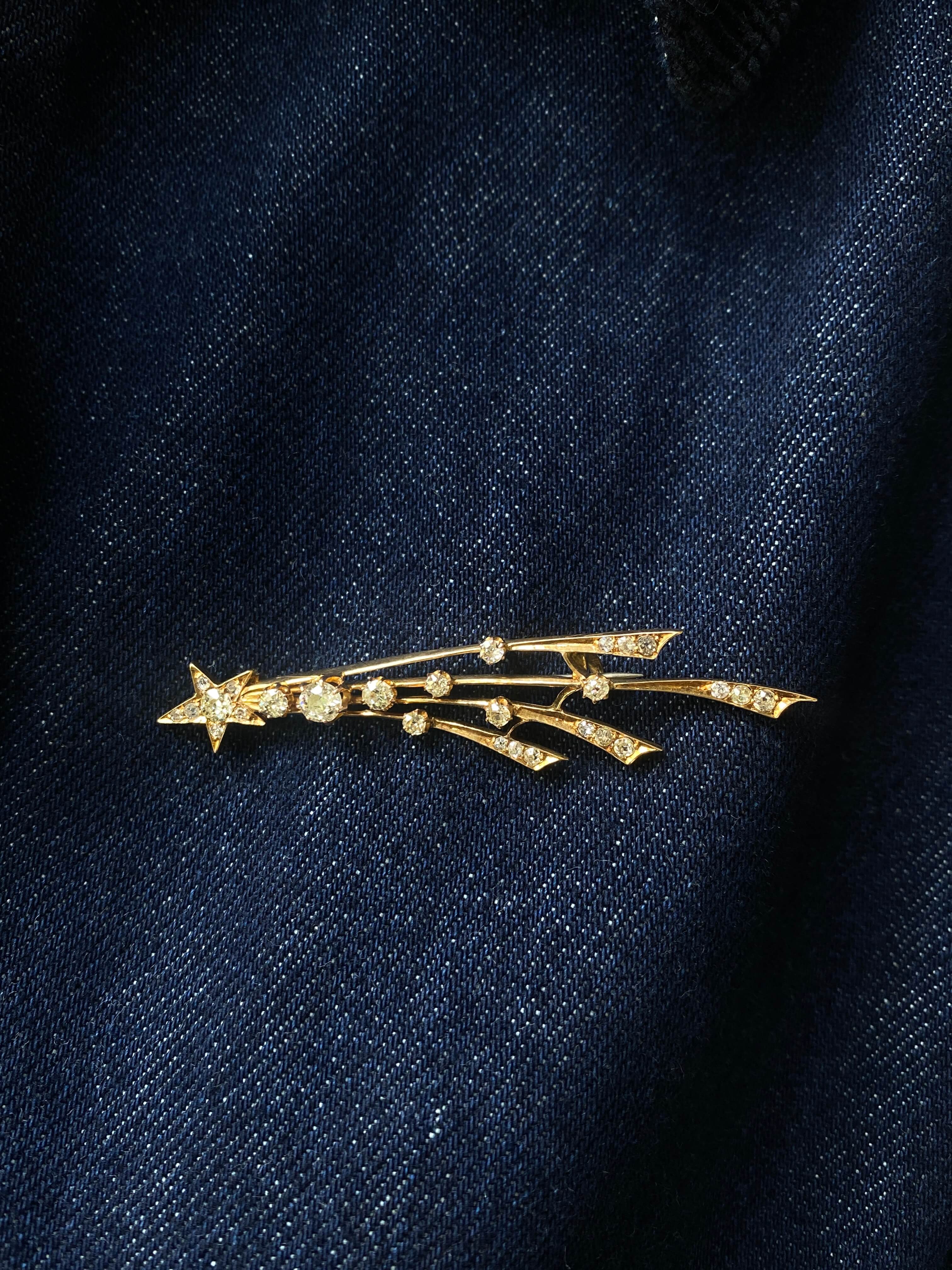 Antique Victorian Gold & Diamond Comet Brooch, 1880-1890