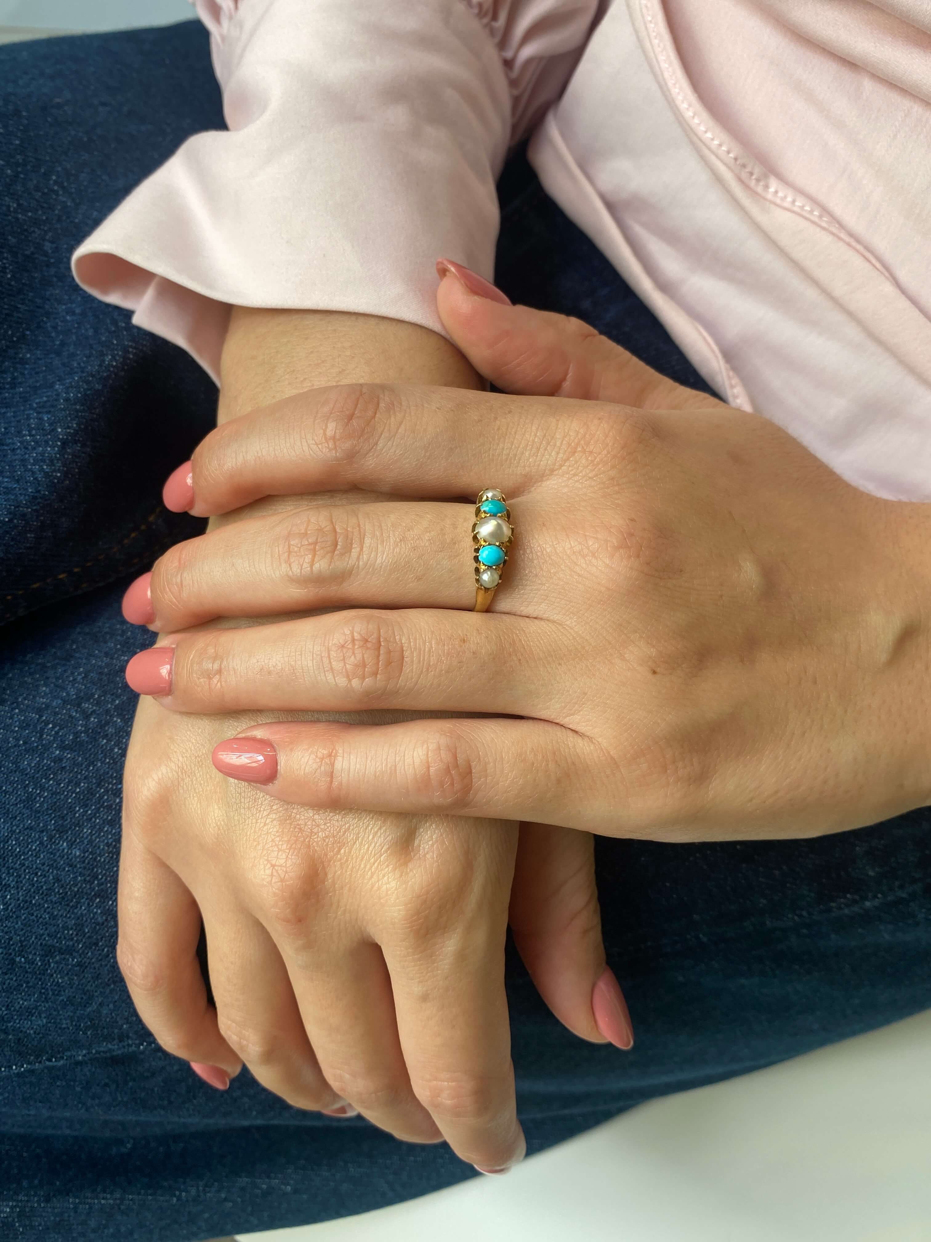Antique Victorian Turquoise & Pearl Bridge Ring 18ct yellow gold