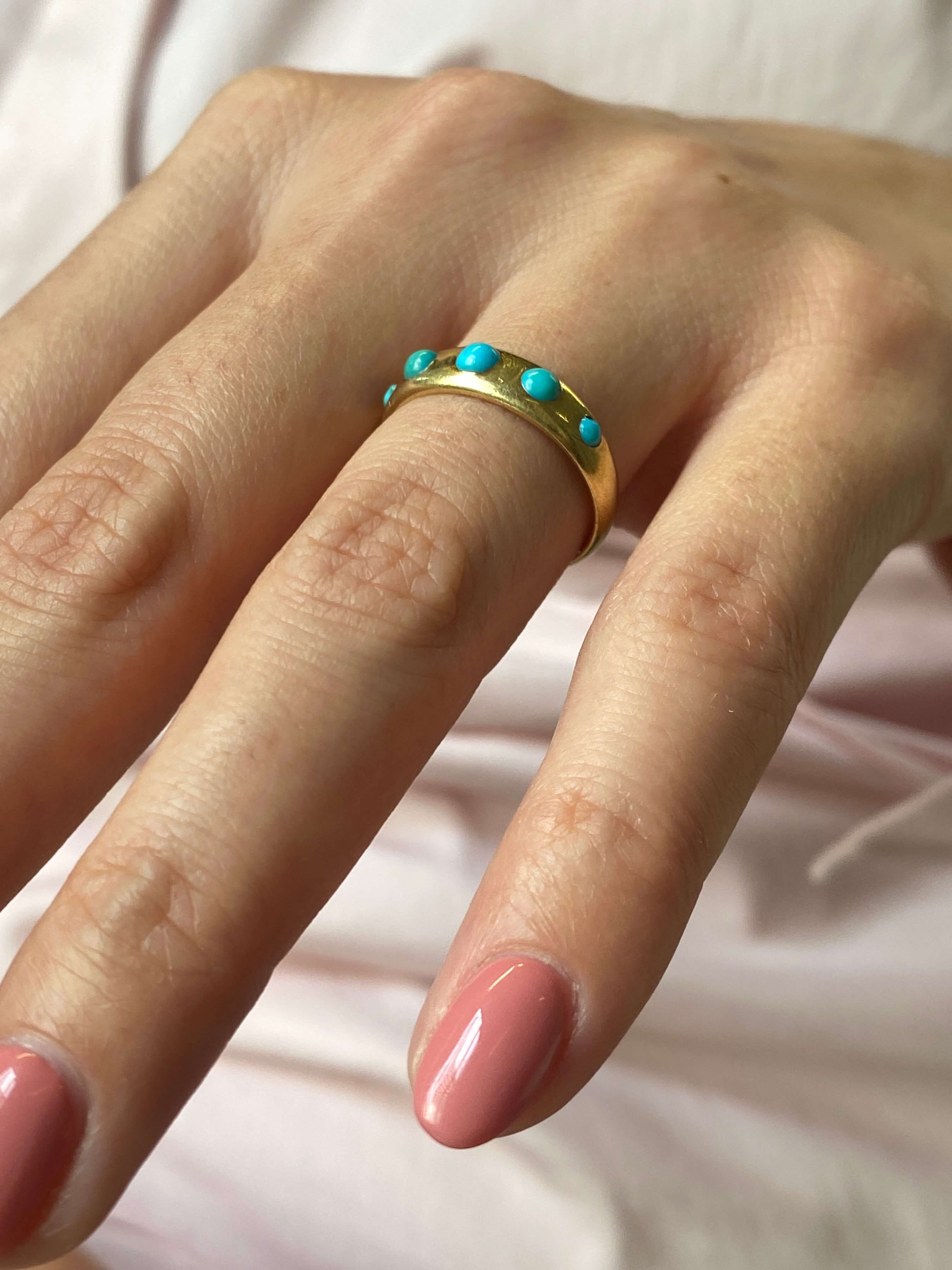 Antique Victorian Turquoise Gypsy Ring, c1890. 18ct yellow gold
