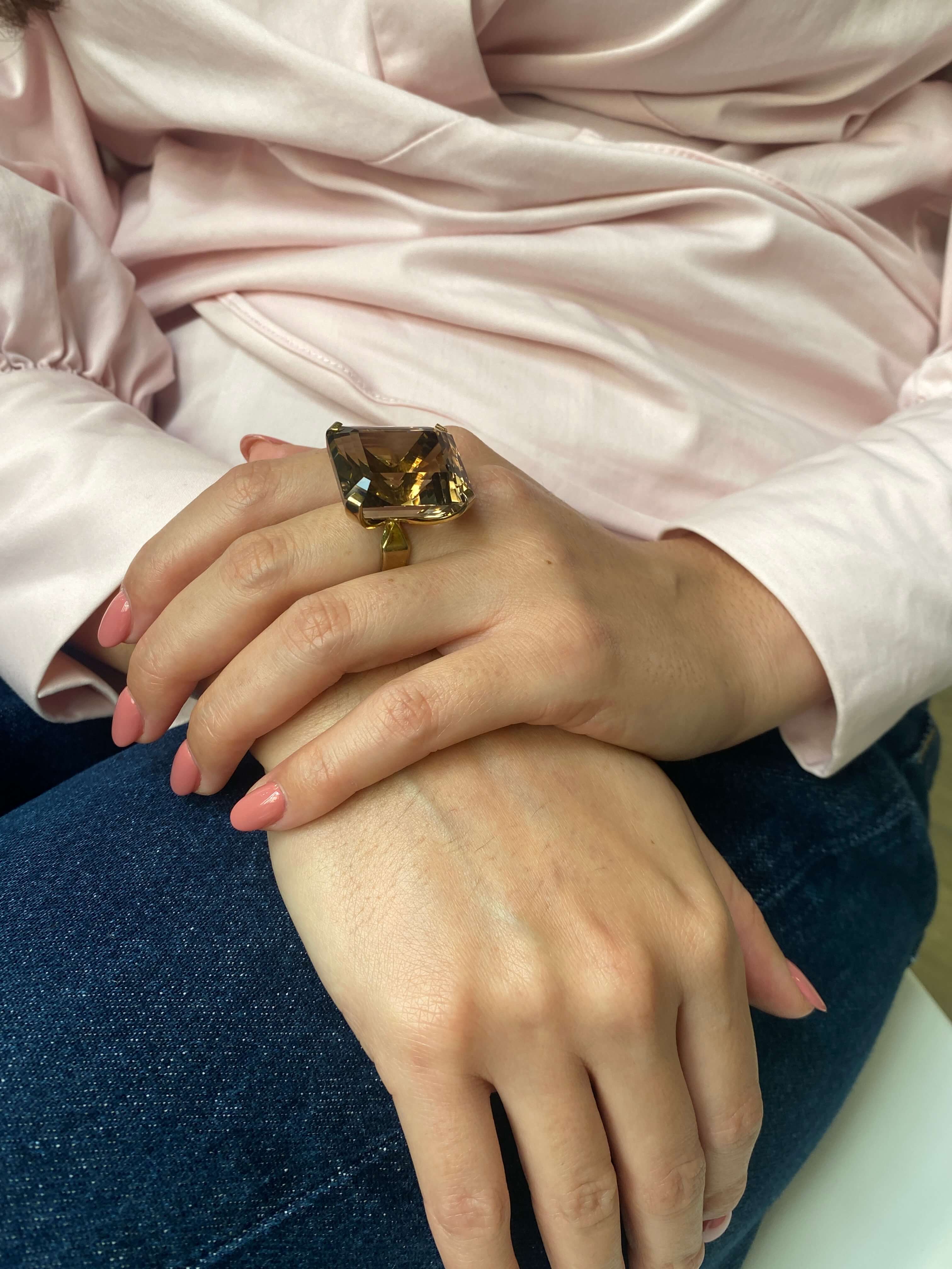 Vintage Smoky Quartz Cocktail Ring, 1960s. 14ct yellow gold