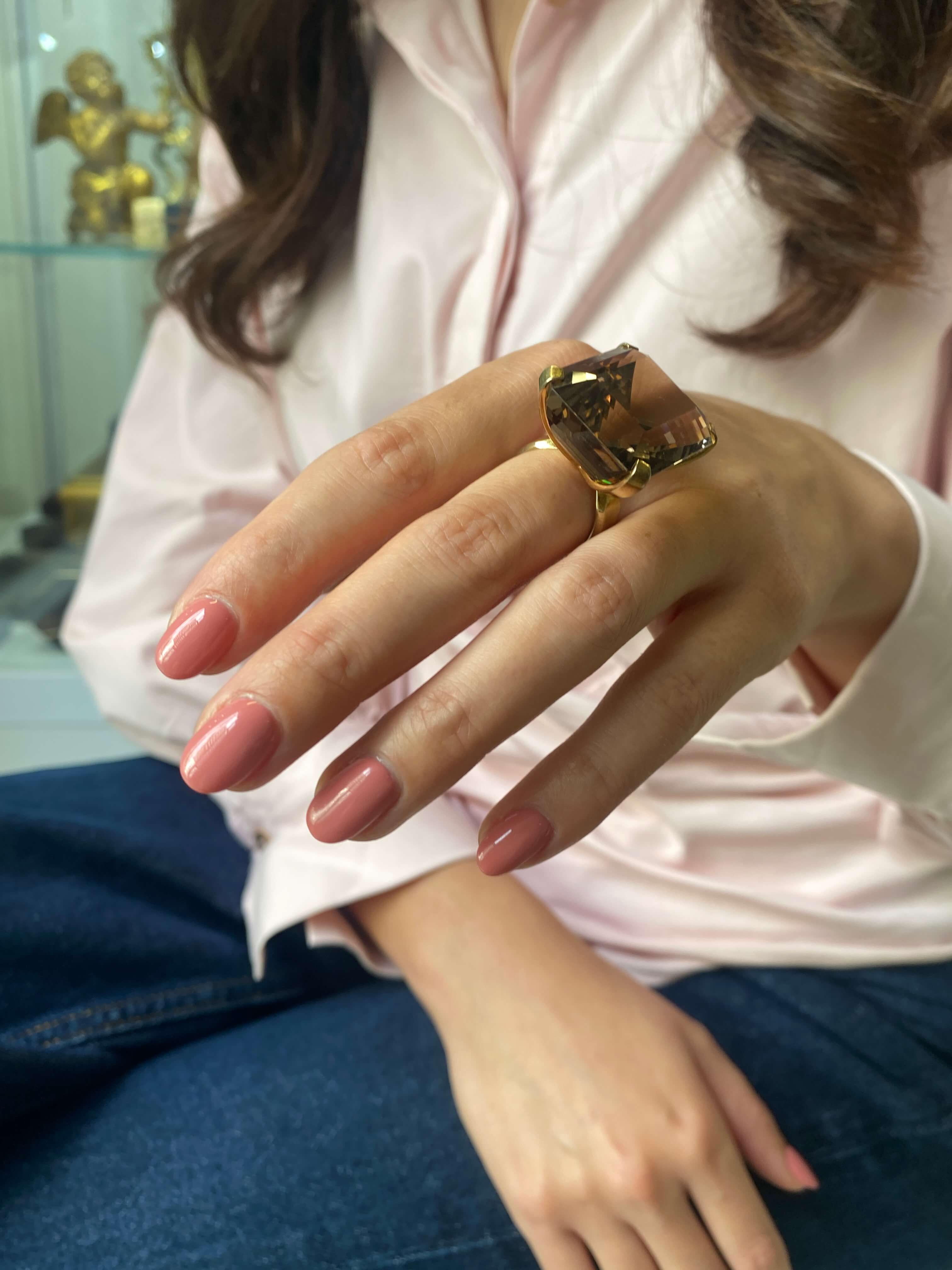 Vintage Smoky Quartz Cocktail Ring, 1960s. 14ct yellow gold