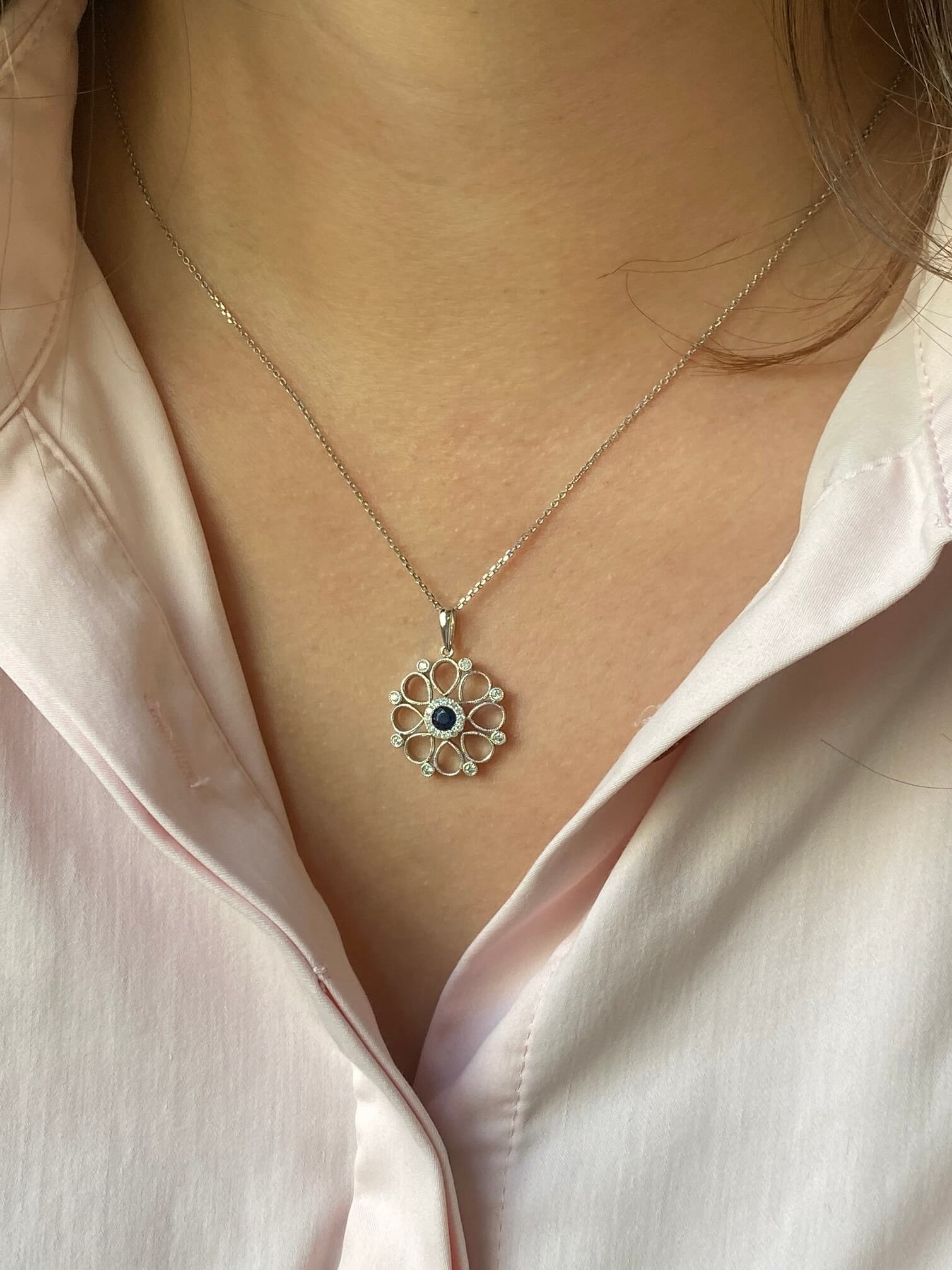 Modern Sapphire & Diamond Pendant on Chain. 14ct white gold
