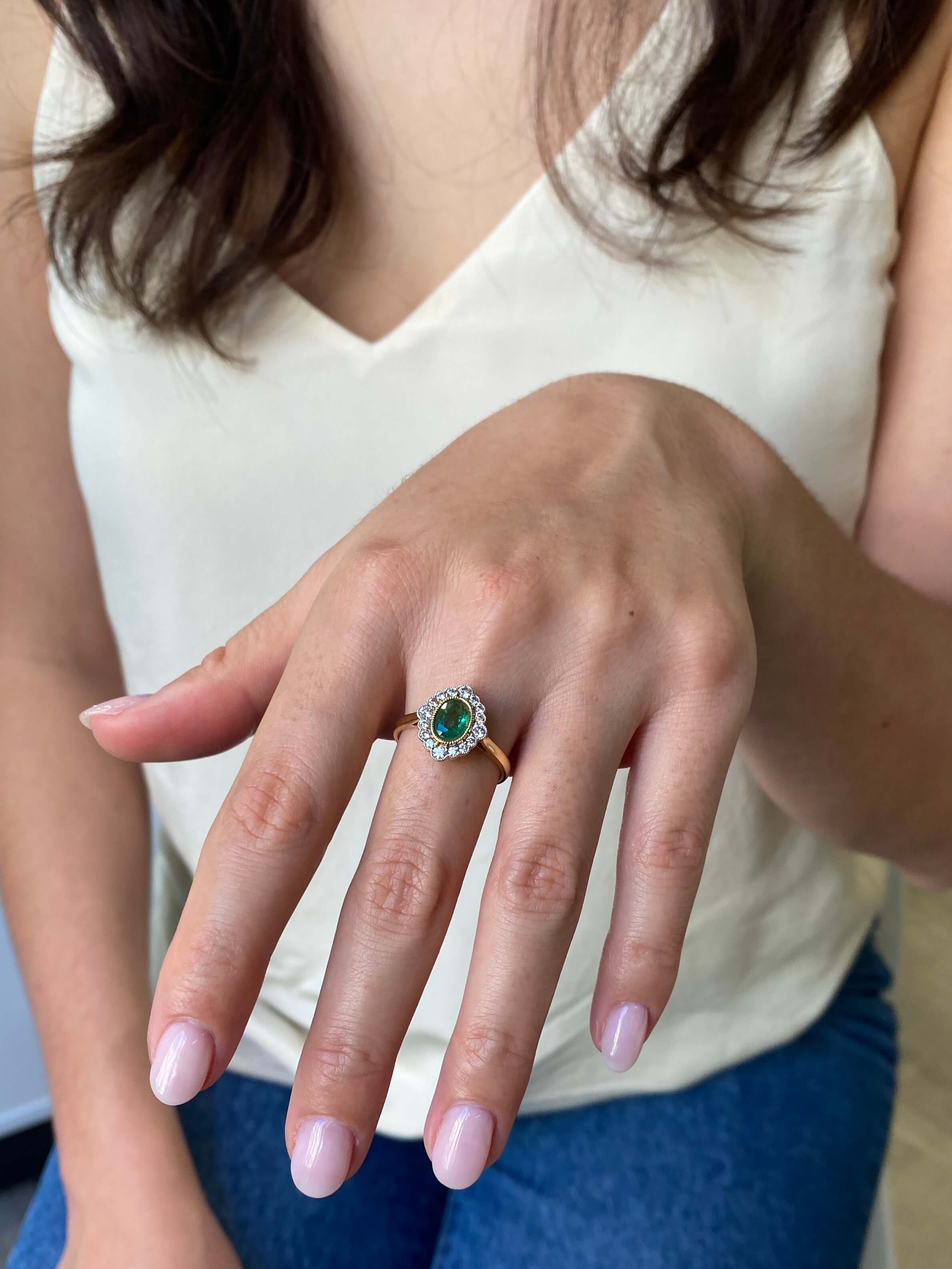 Fine Emerald & Diamond Cluster Ring in 18ct yellow gold