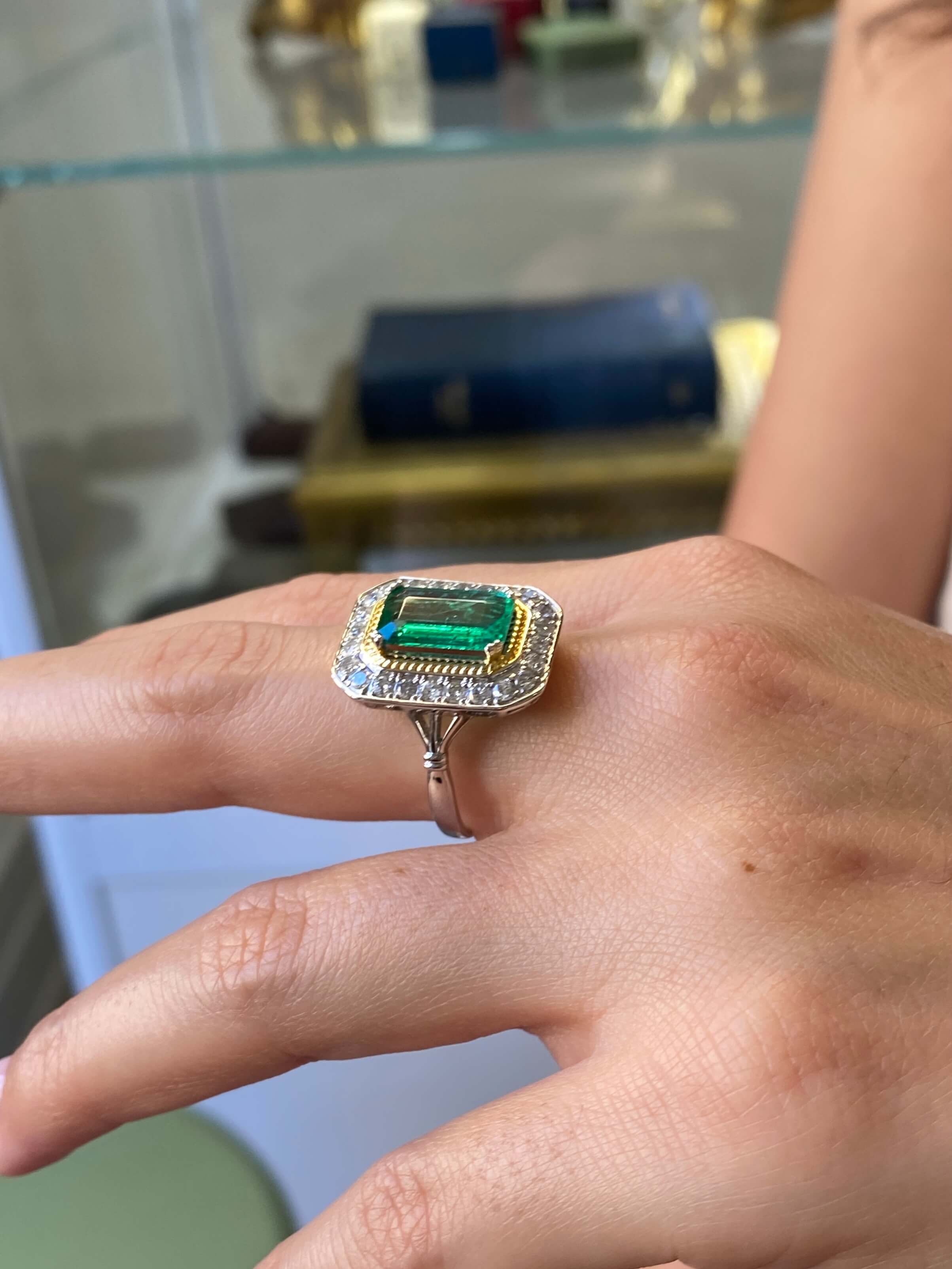 Modern Emerald & Diamond Cluster Ring, 18ct yellow and white gold