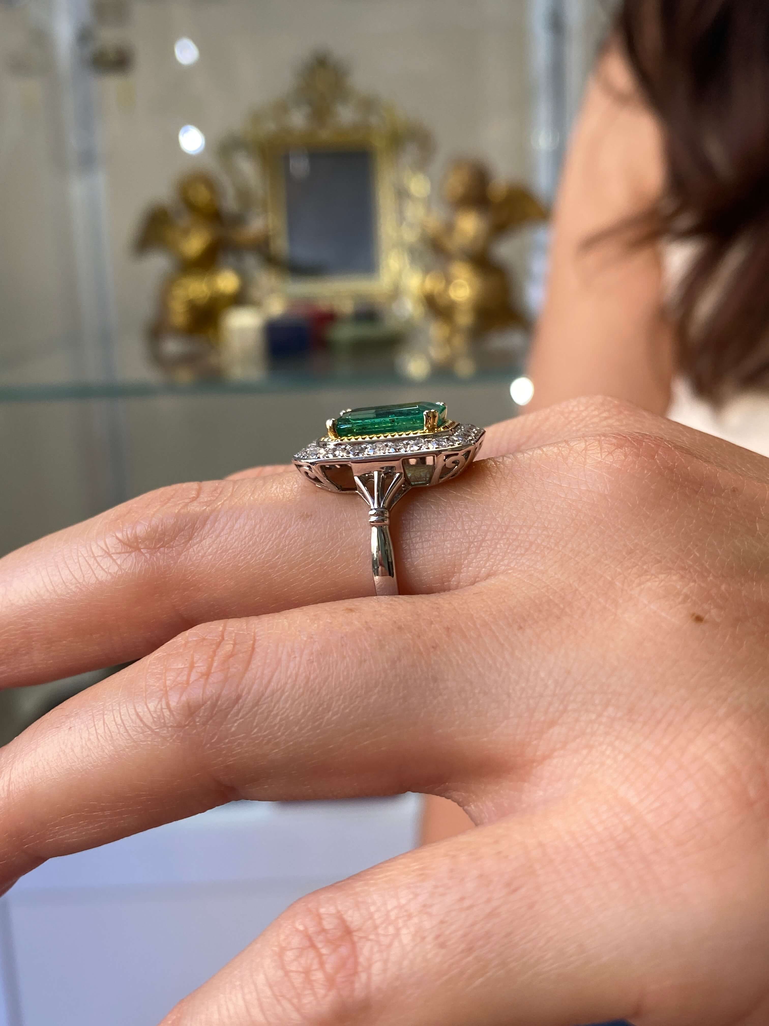 Modern Emerald & Diamond Cluster Ring, 18ct yellow and white gold