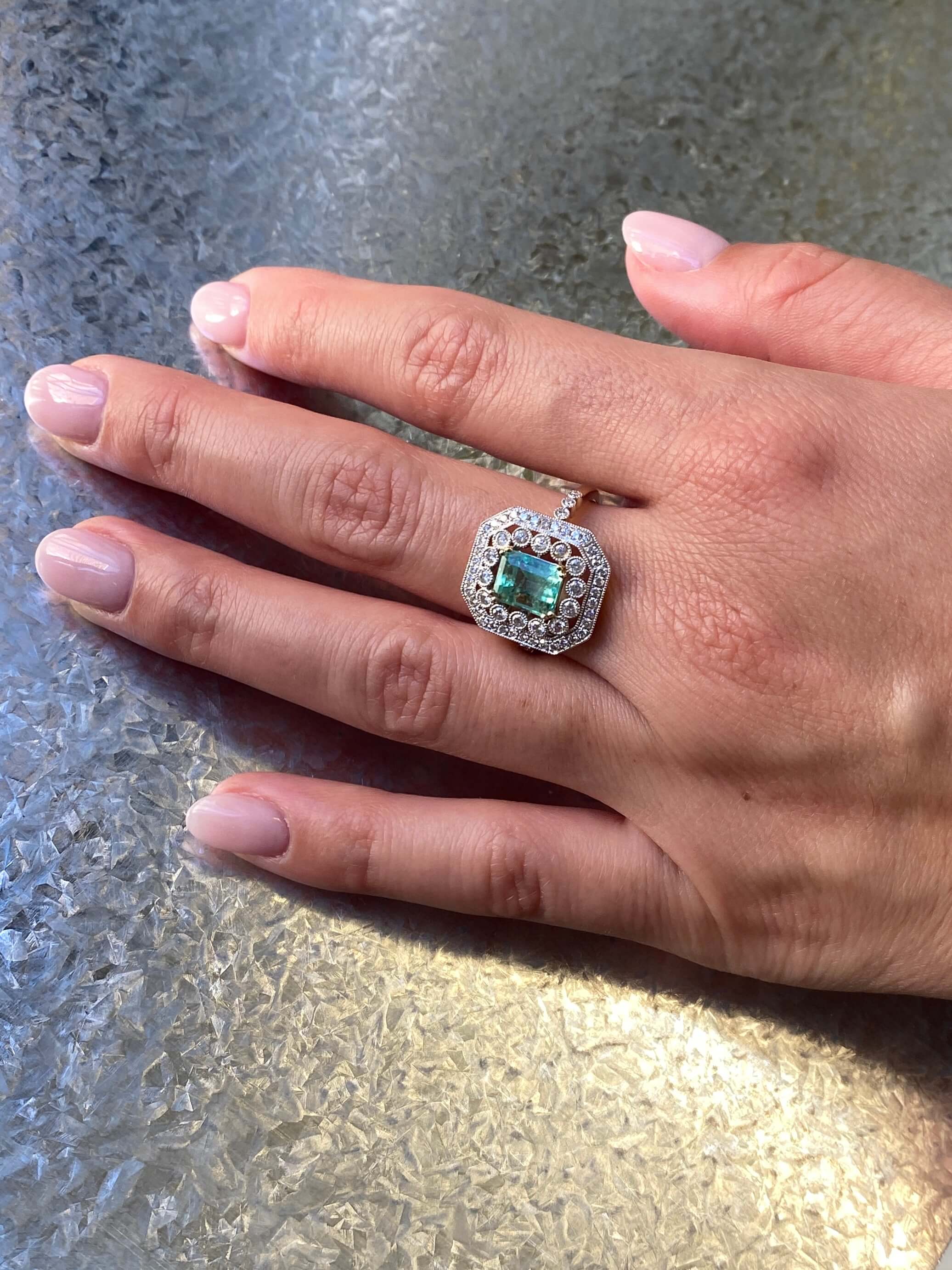 Edwardian Style Emerald & Diamond Cluster Ring 14ct yellow and white gold
