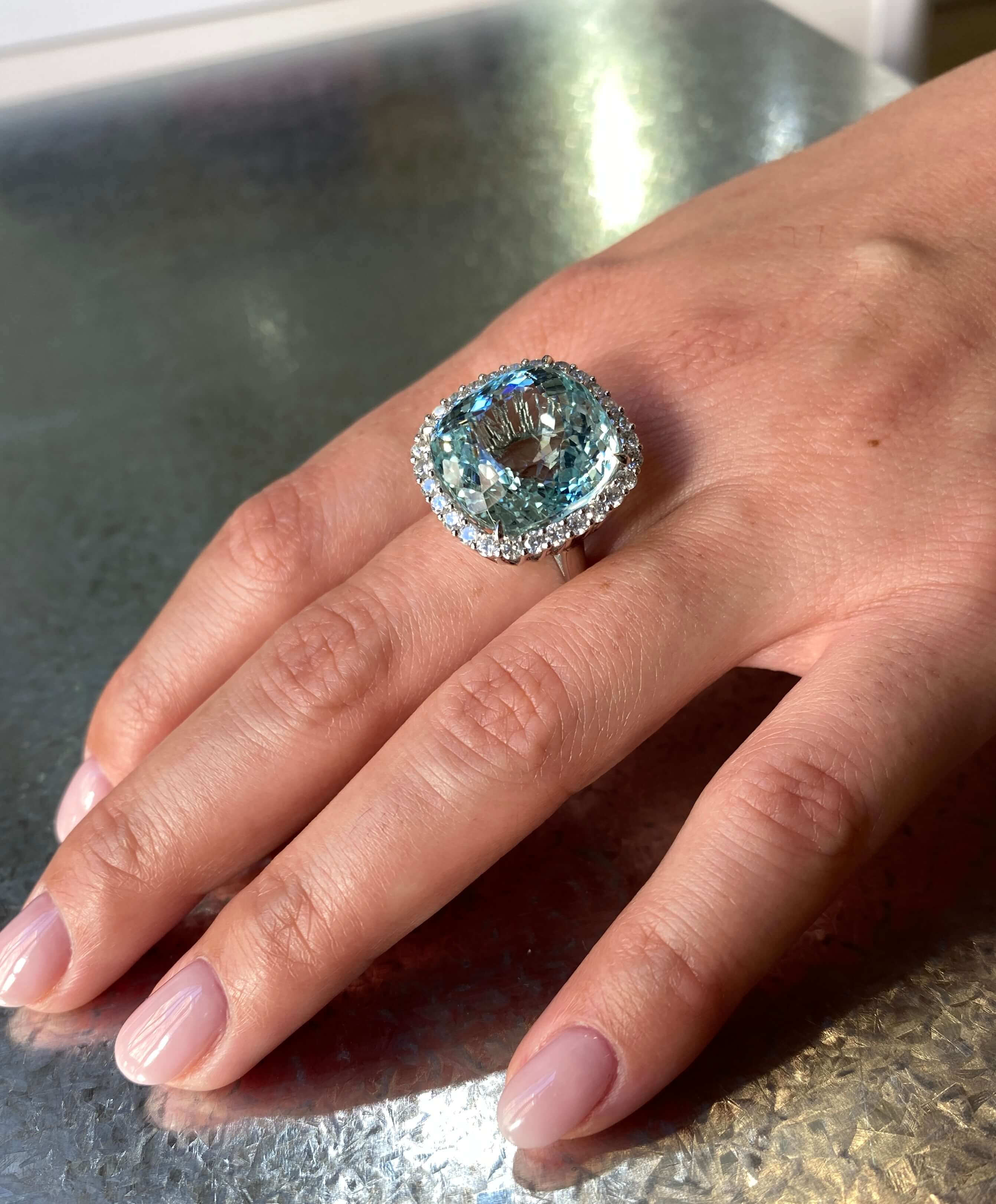 Modern 19.19 carat Aquamarine & Diamond Ring set in Platinum.