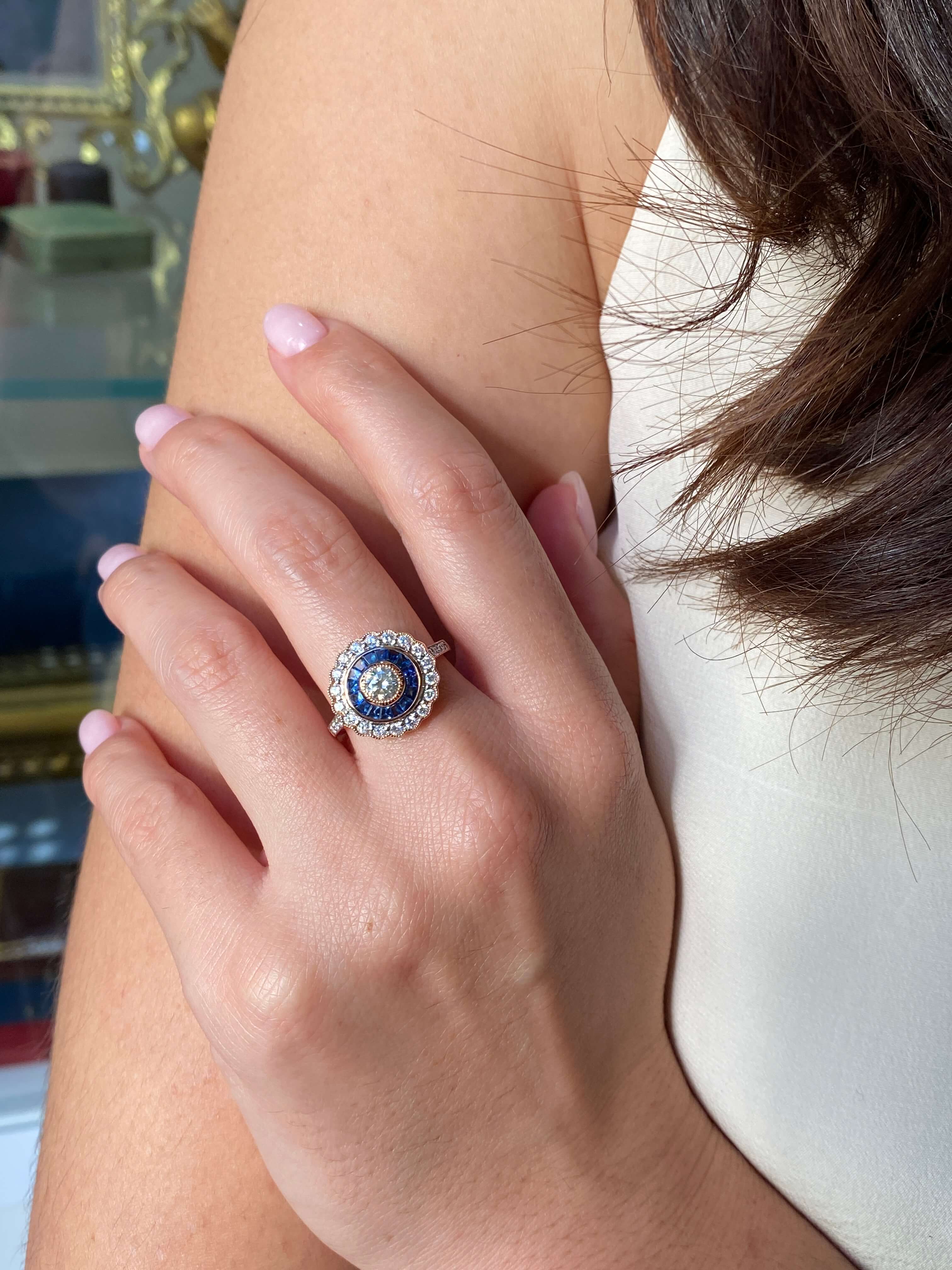 Art Deco Style Sapphire & Diamond Target Ring in 14ct rose gold