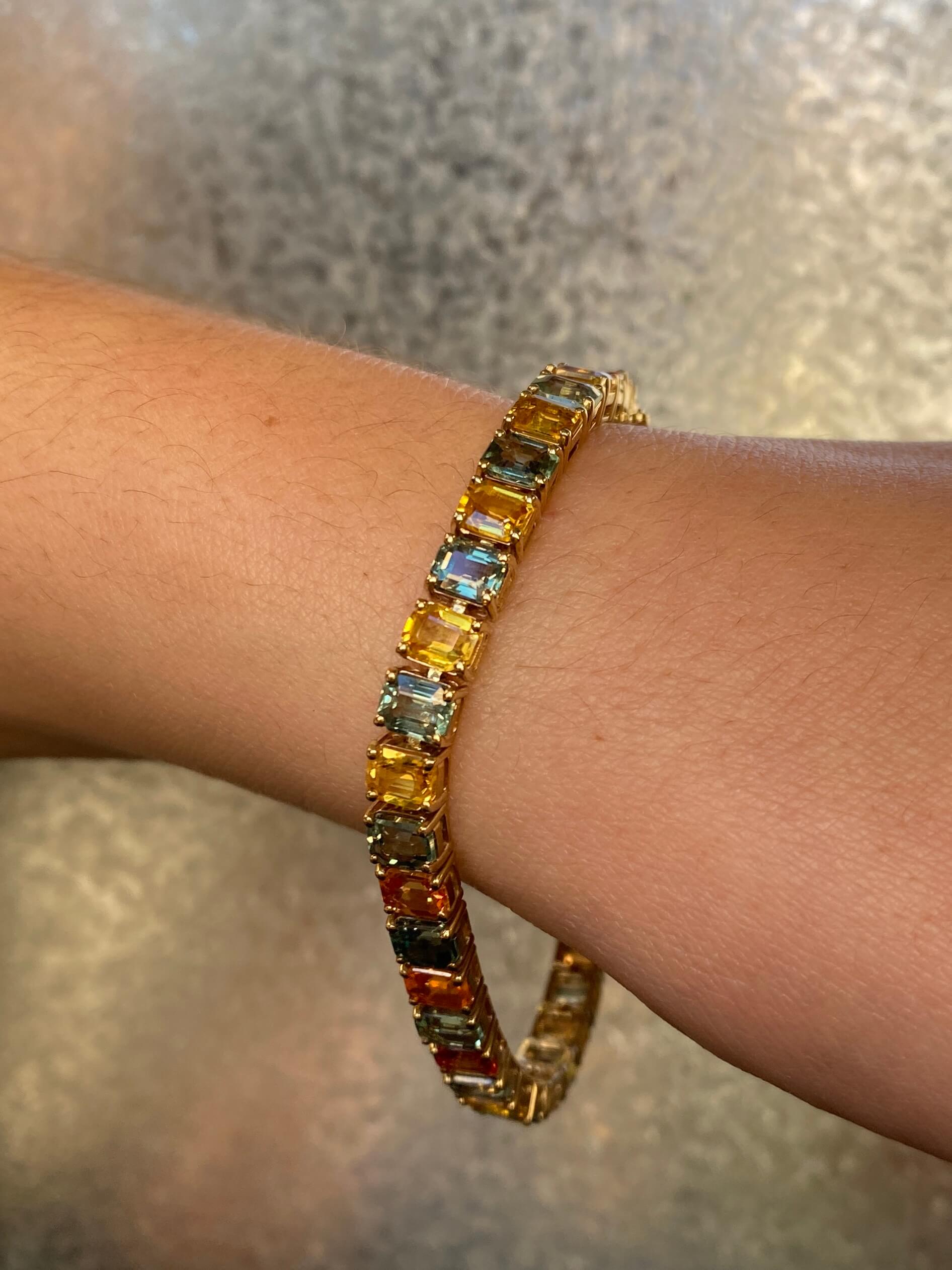 Modern Multi-Colour Sapphire Bracelet 9ct yellow gold. 21 carats total weight.