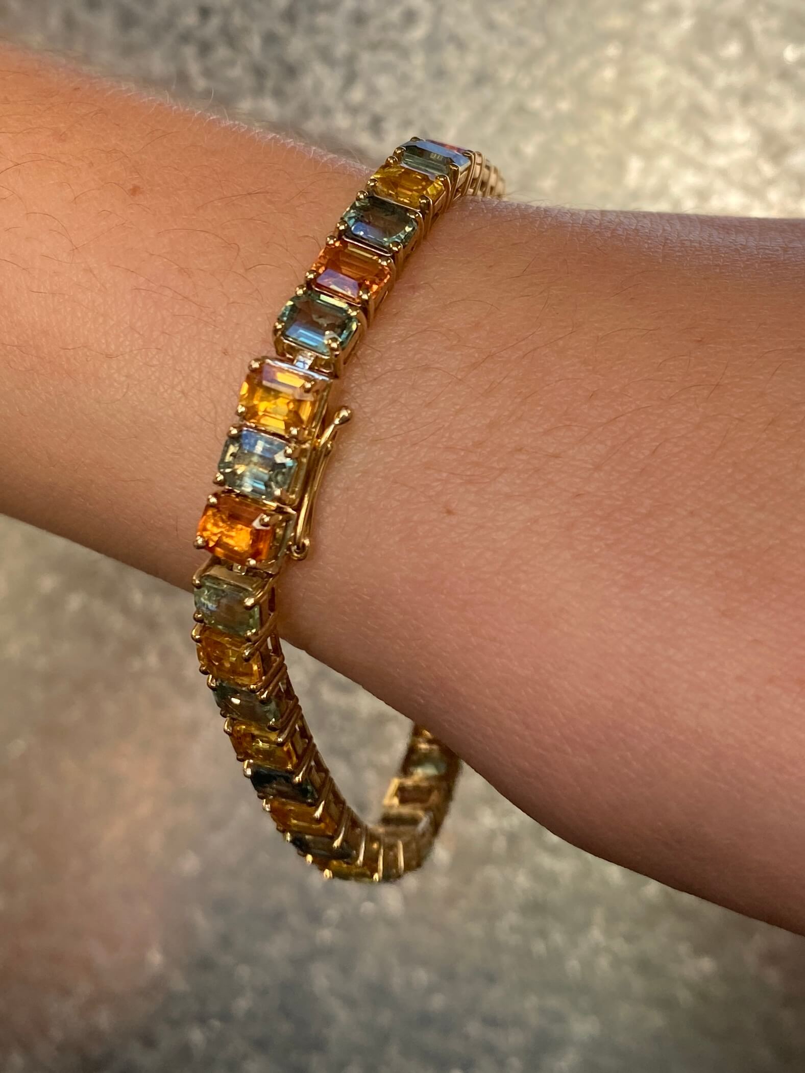 Modern Multi-Colour Sapphire Bracelet 9ct yellow gold. 21 carats total weight.