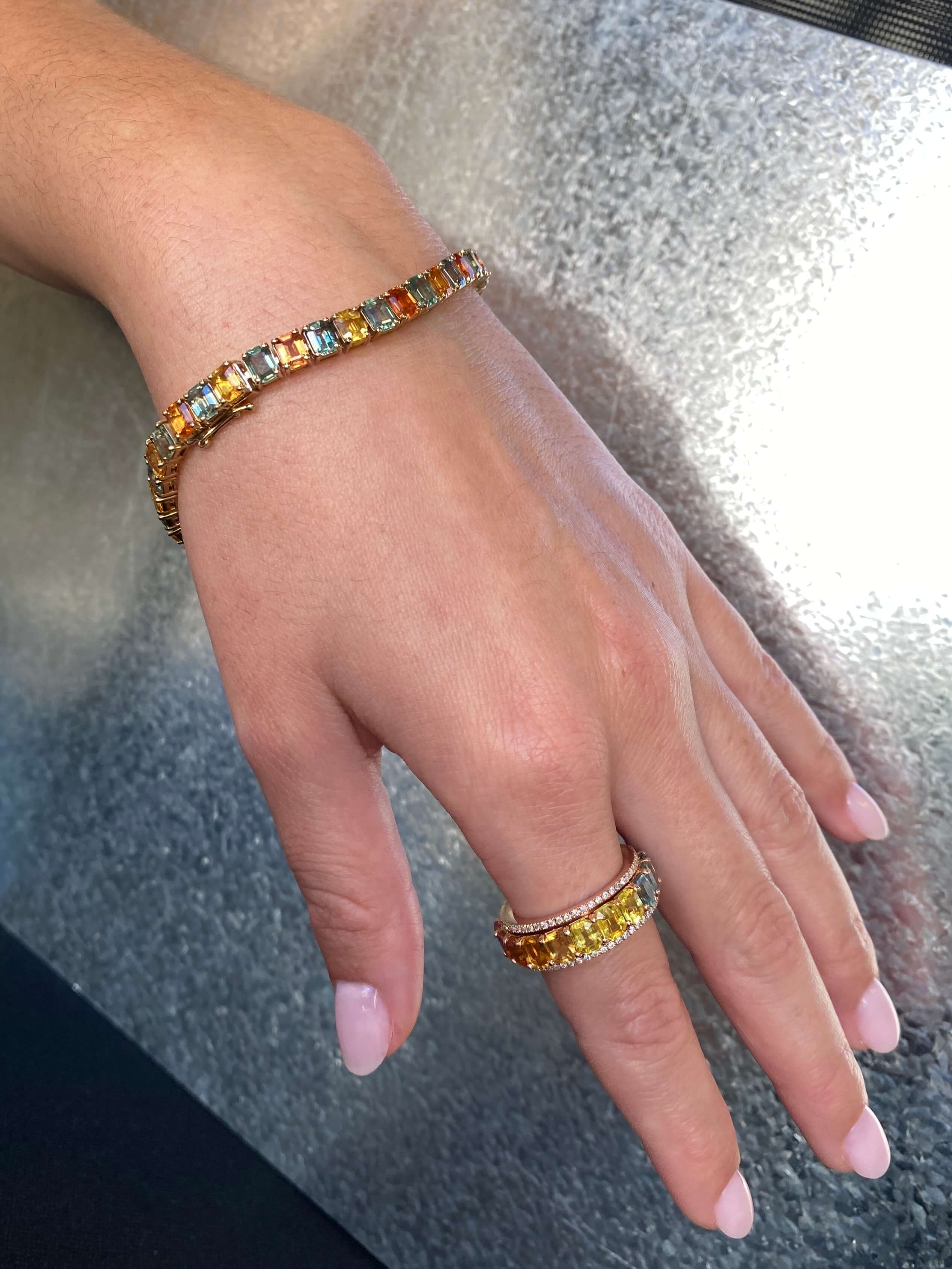 Modern Multi-Colour Sapphire Bracelet 9ct yellow gold. 21 carats total weight.