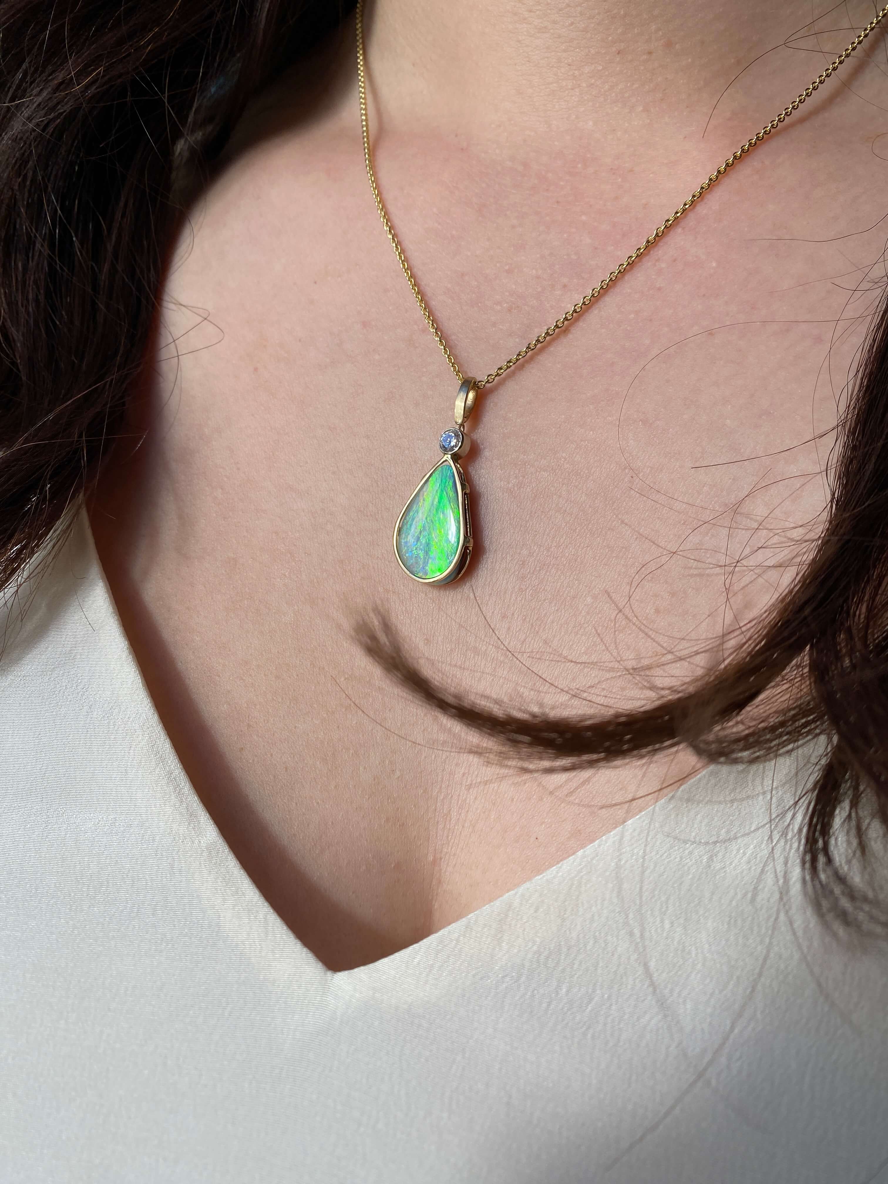Stunning Vintage Opal & Diamond Pendant in 14k yellow gold
