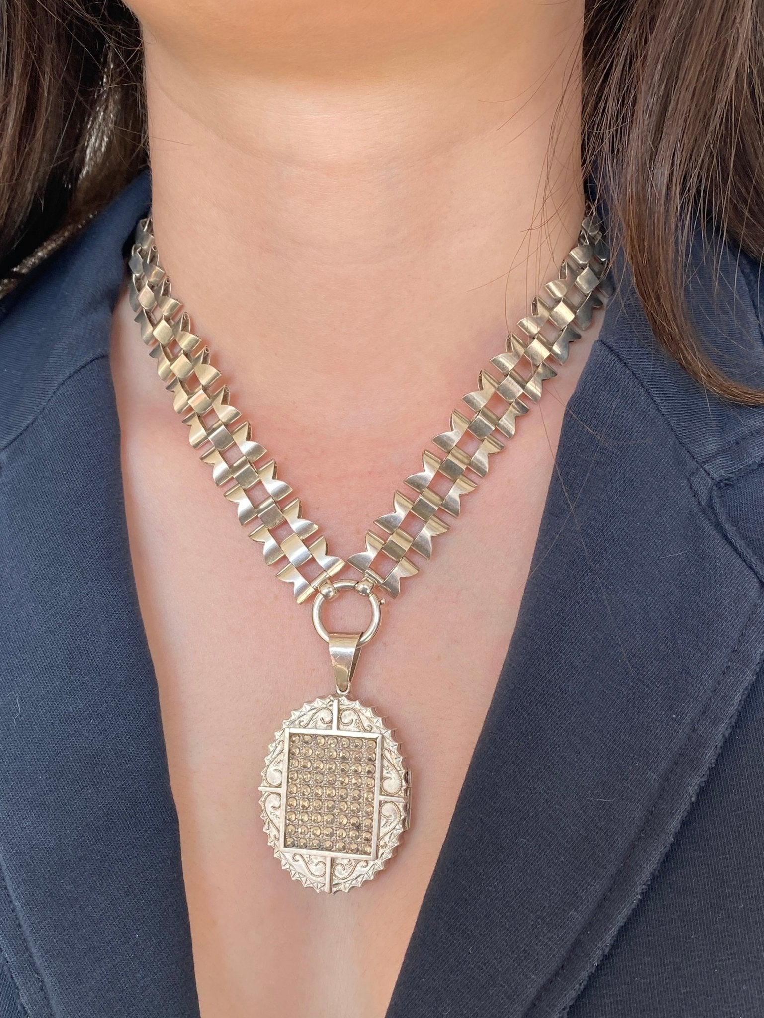 Antique Victorian Silver Collar & Locket, 1880s