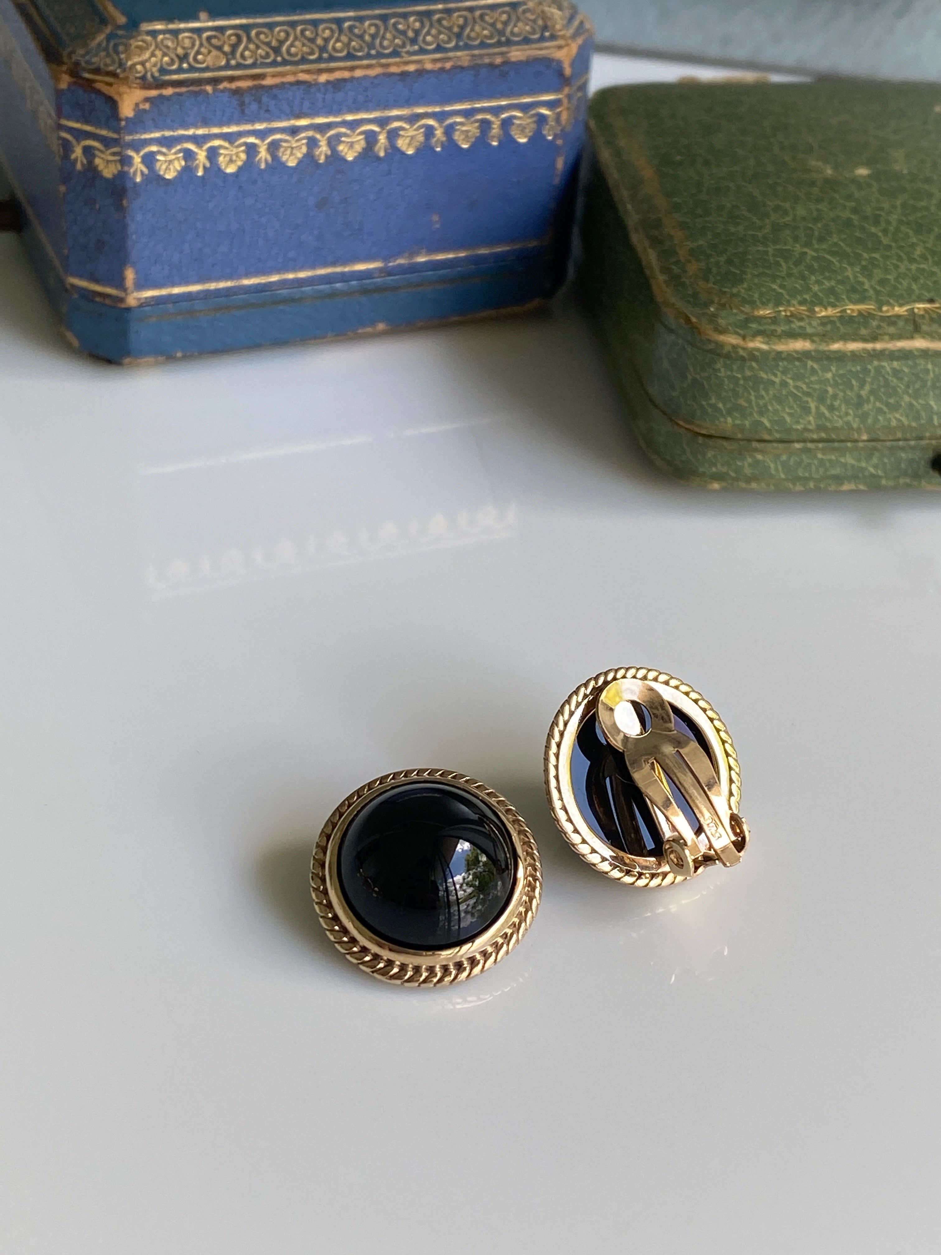 Vintage Gold & Onyx Clip Earrings