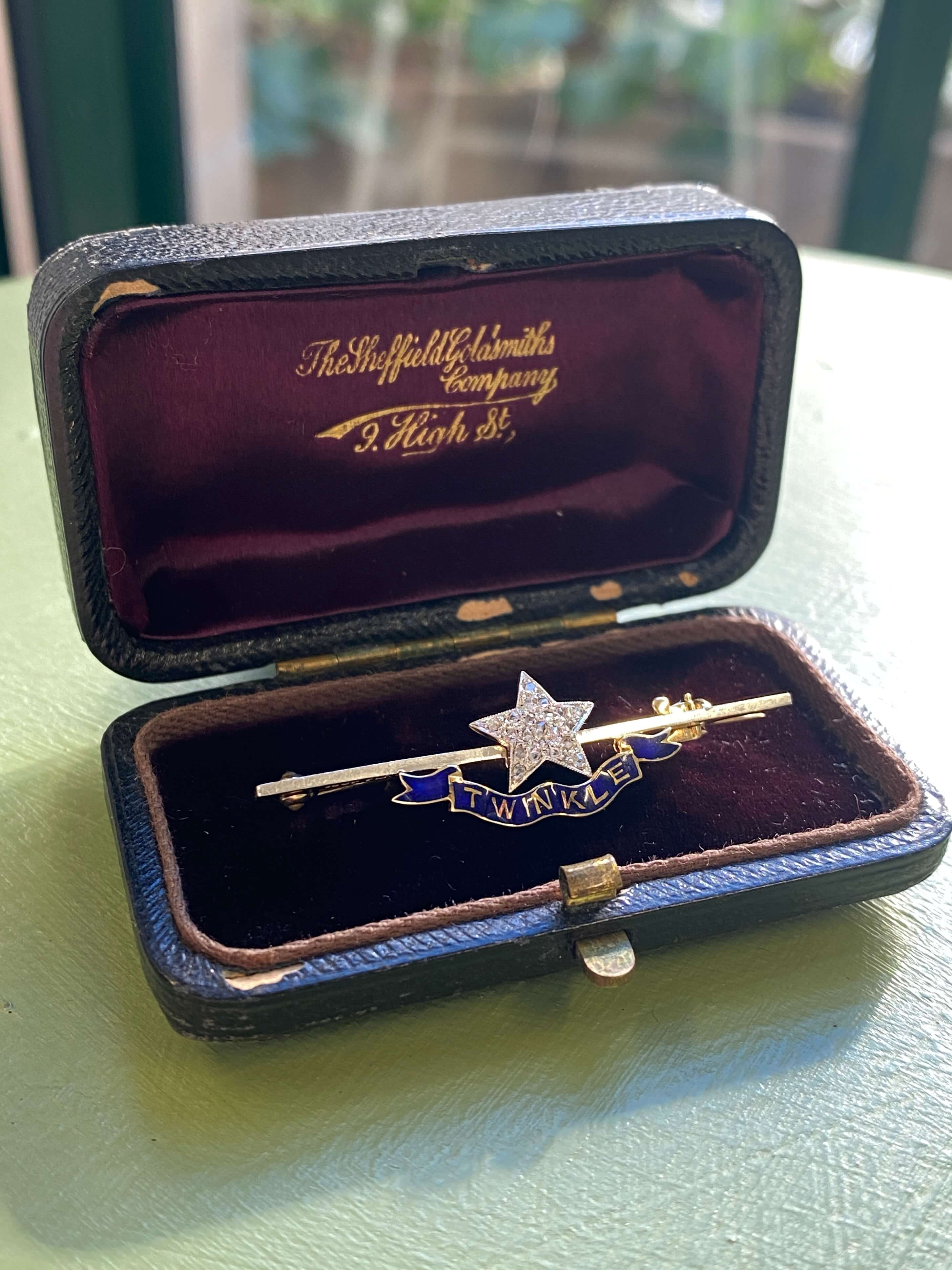 Antique 18ct yellow gold , enamel and diamond Twinkle 'Little Star' Brooch by The Sheffield Goldsmiths Company
