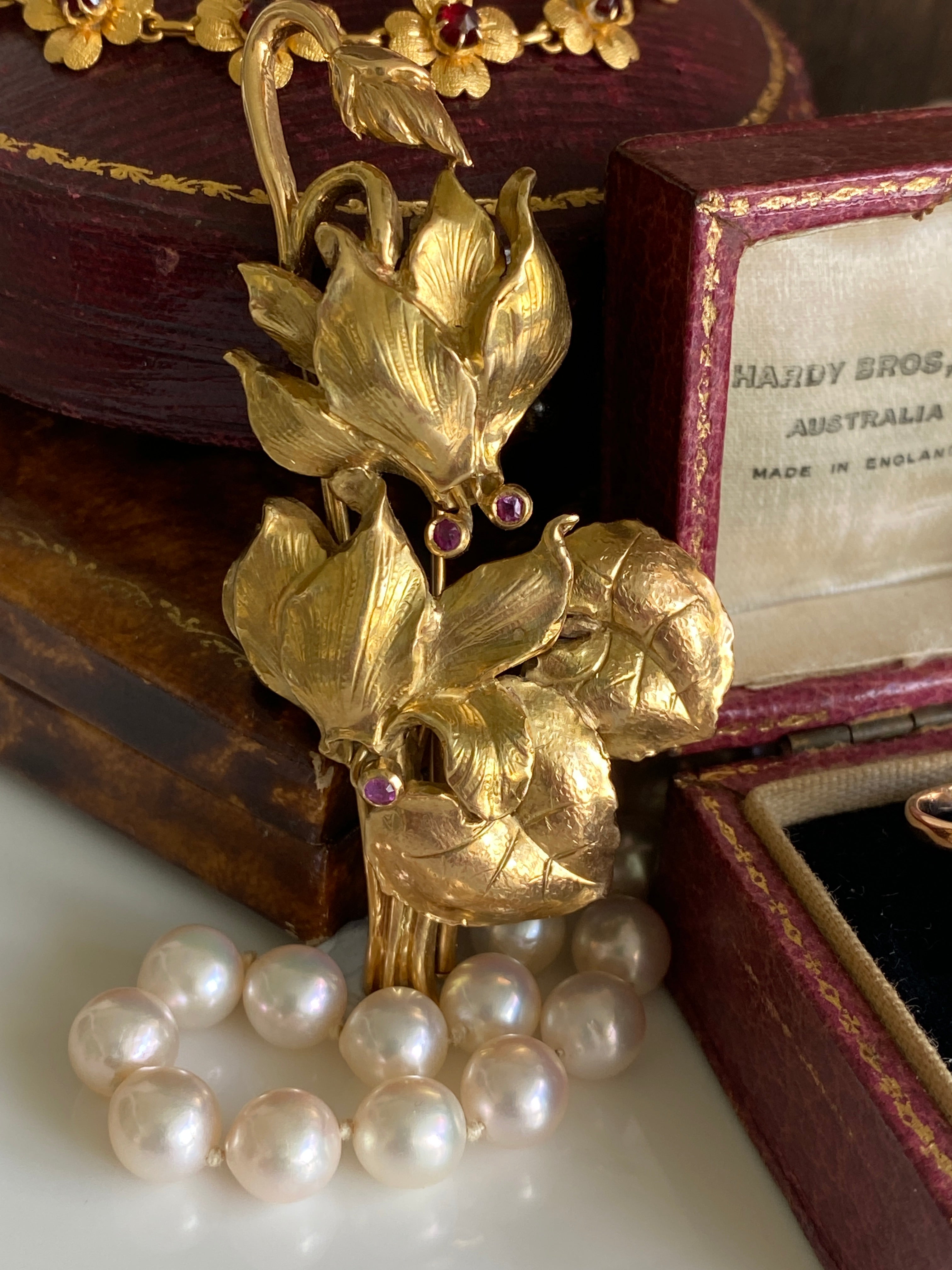 European Gold & Ruby Flower Brooch
