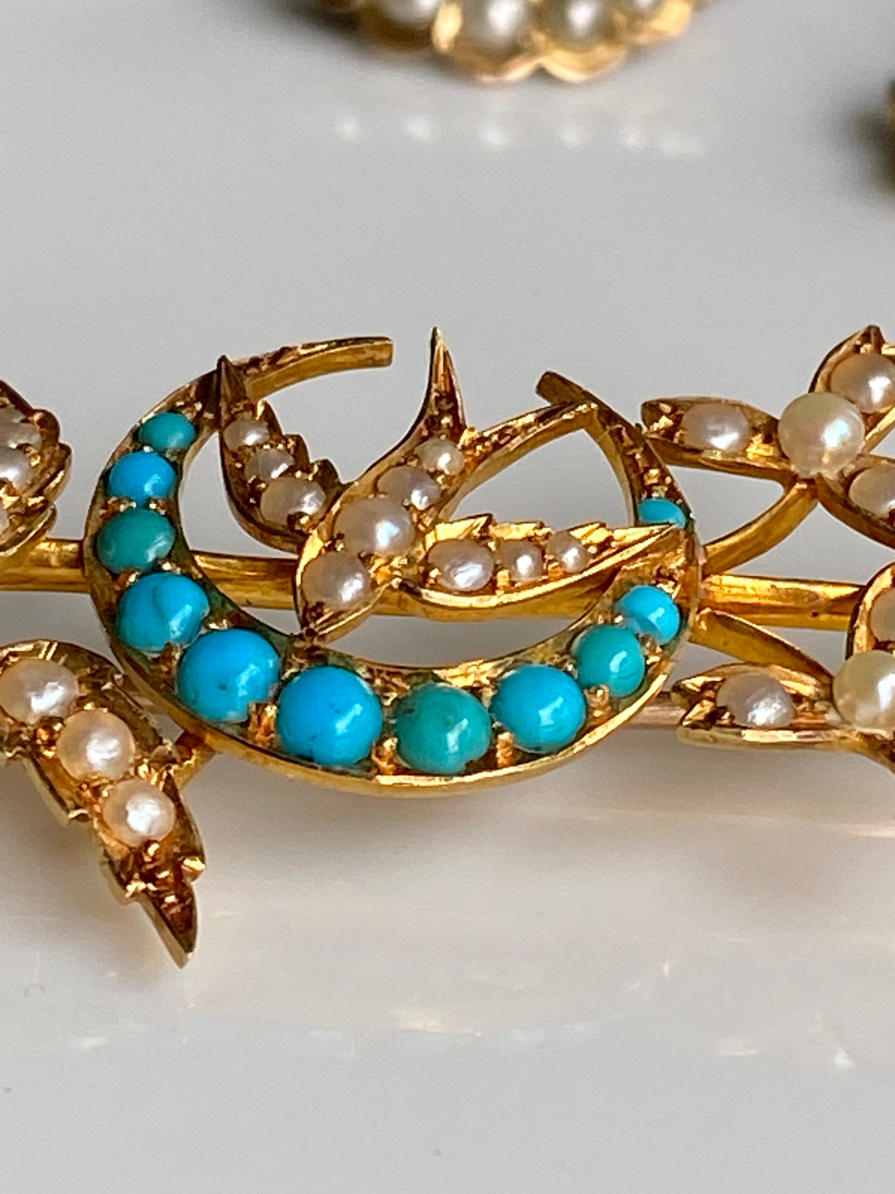 Antique Edwardian Turquoise & Seed Pearl Brooch