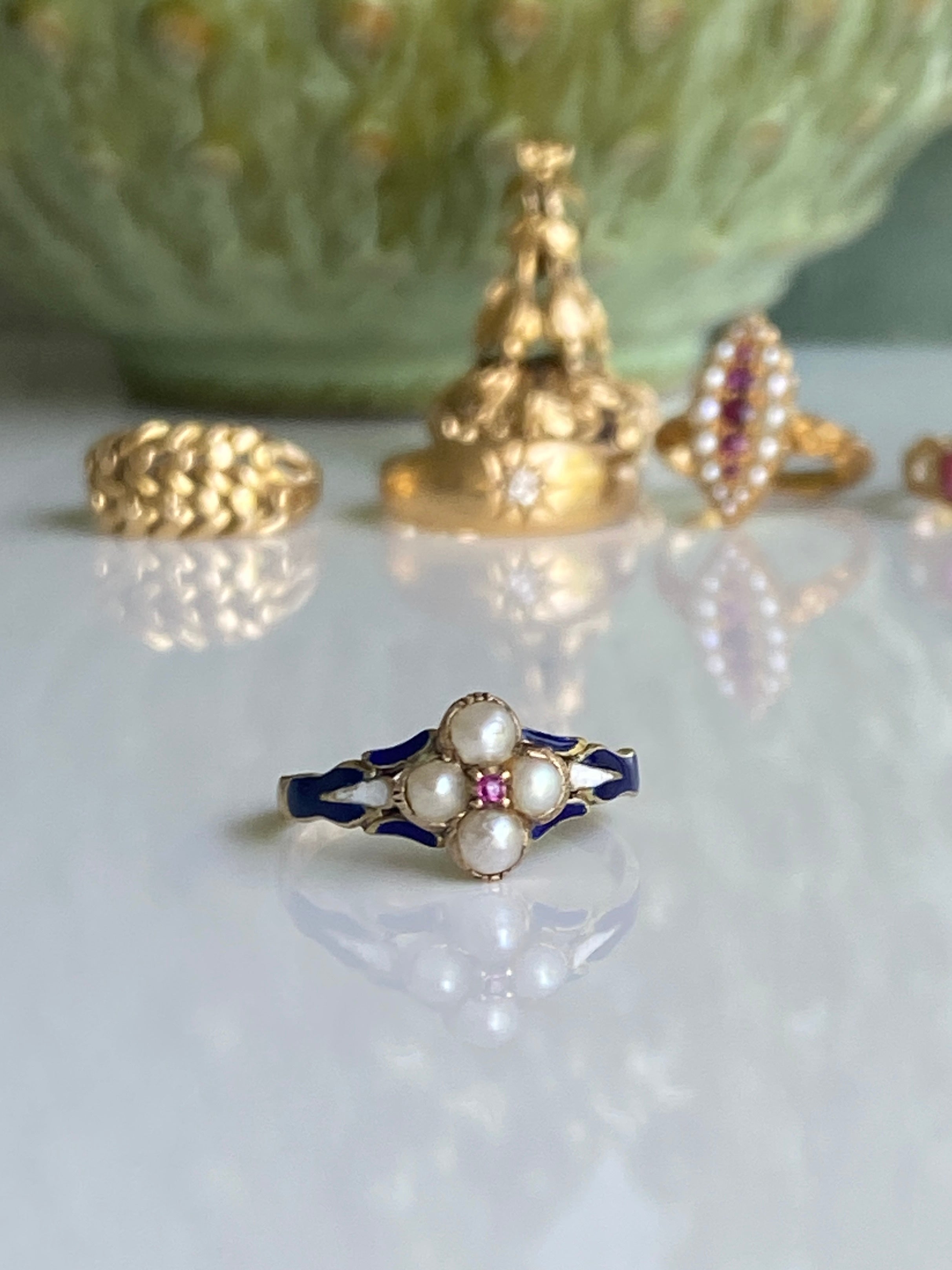 18ct Antique Victorian Enamel & Seed Pearl Cluster Ring