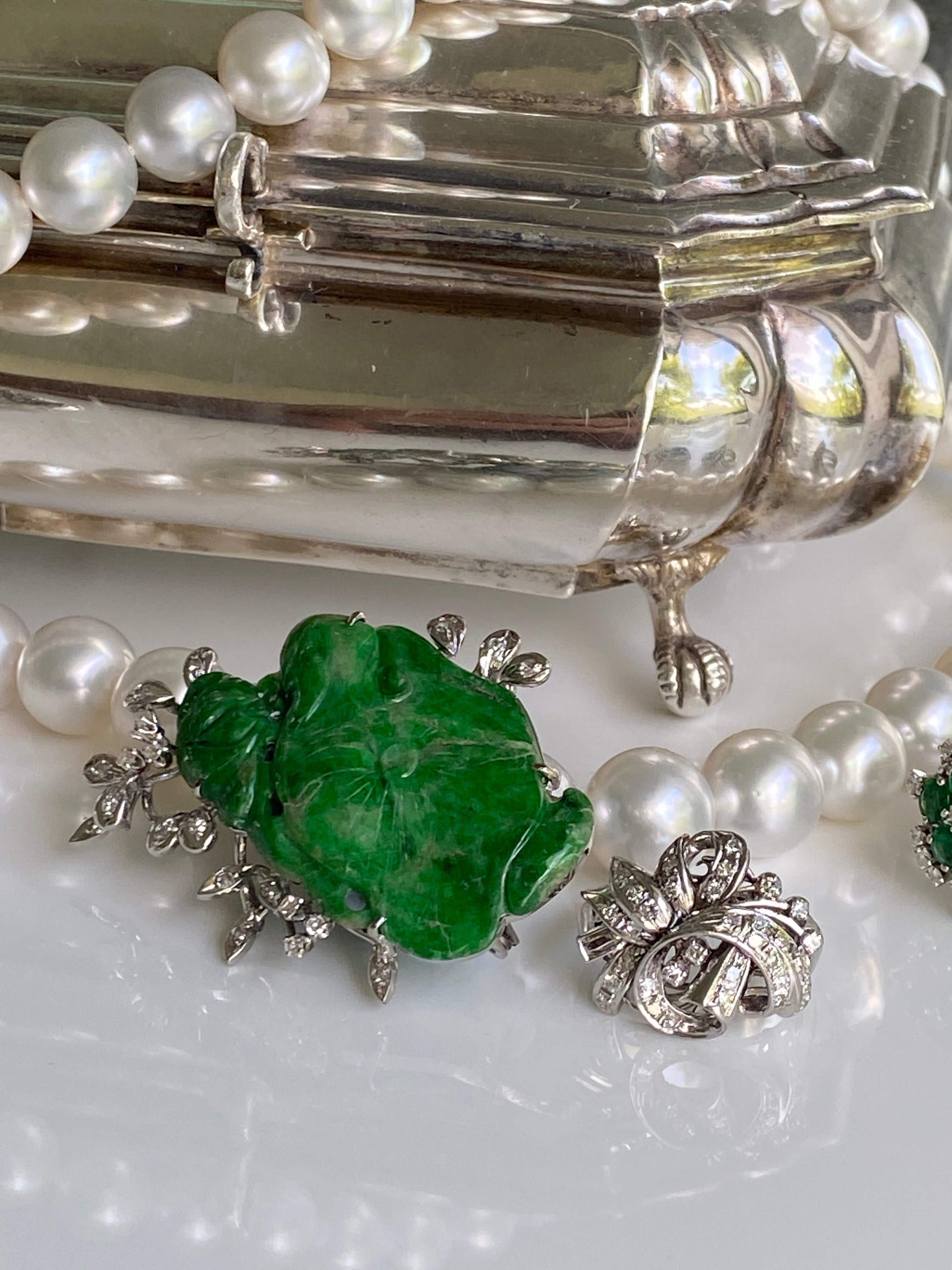 Vintage Jade & Diamond Lotus Brooch