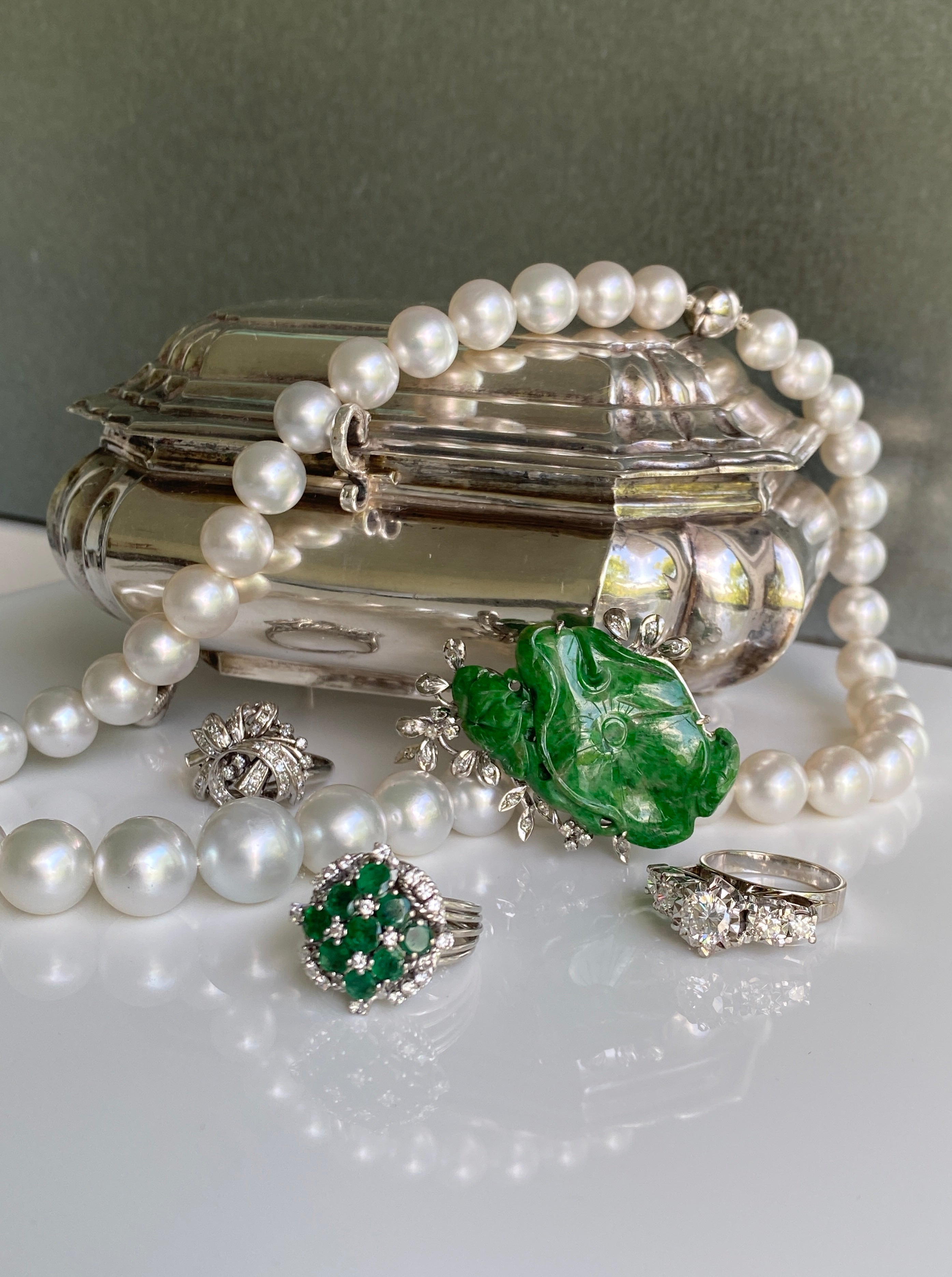 Vintage Jade & Diamond Lotus Brooch