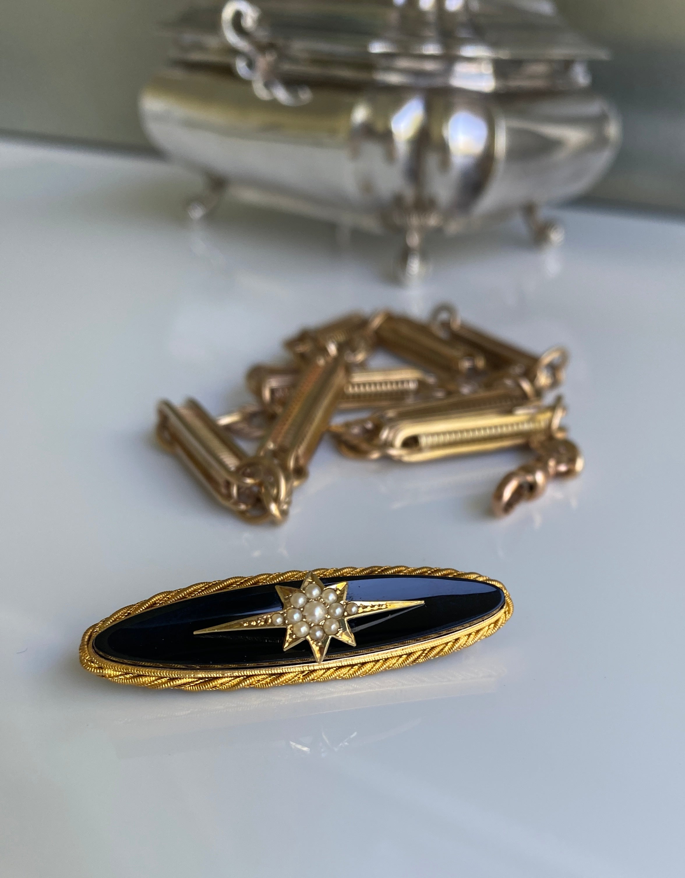 Antique Victorian Onyx & Pearl Mourning Brooch