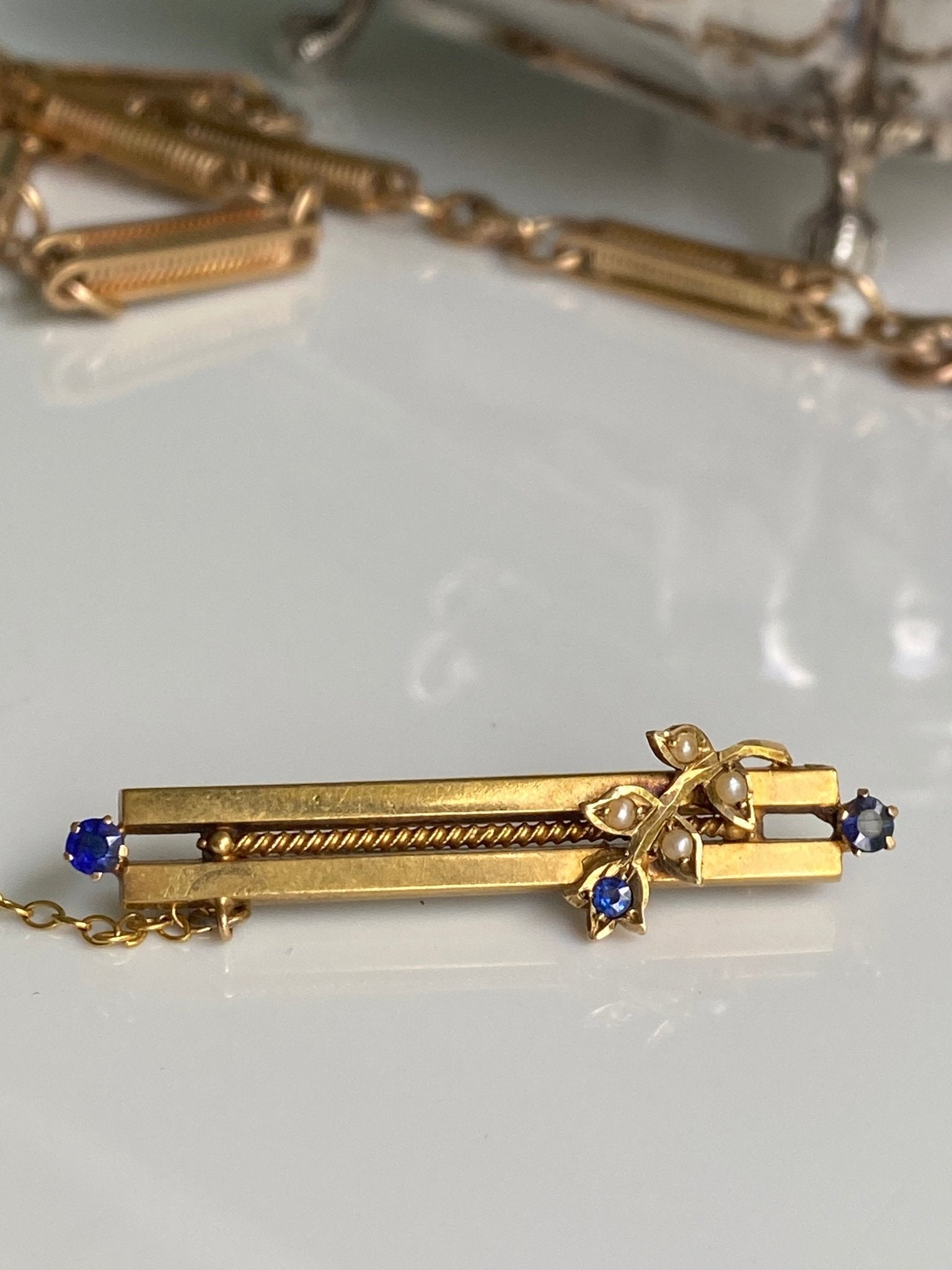 Antique Australian Sapphire & Pearl Bar Brooch, Willis & Sons, Melbourne.