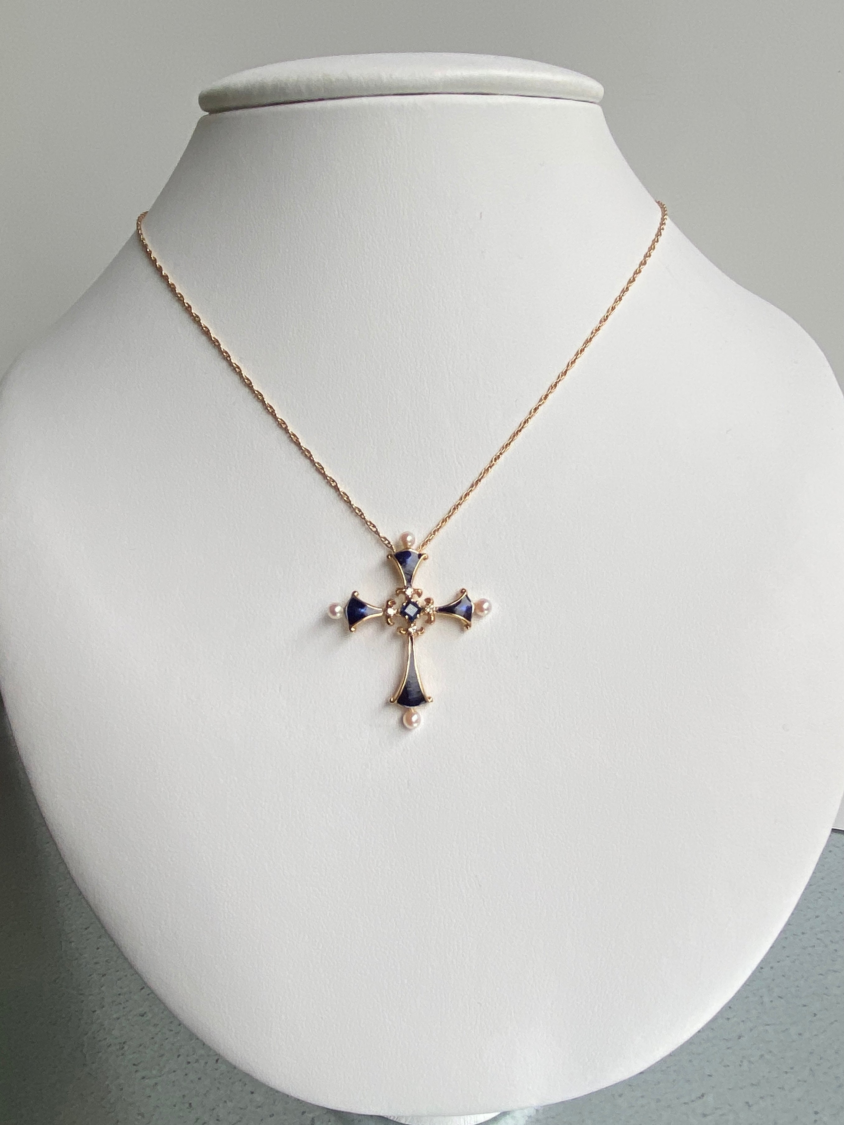 Modern Enamel, Sapphire & Pearl Cross, Franklin Mint. Designed by Igor Carl Faberge.