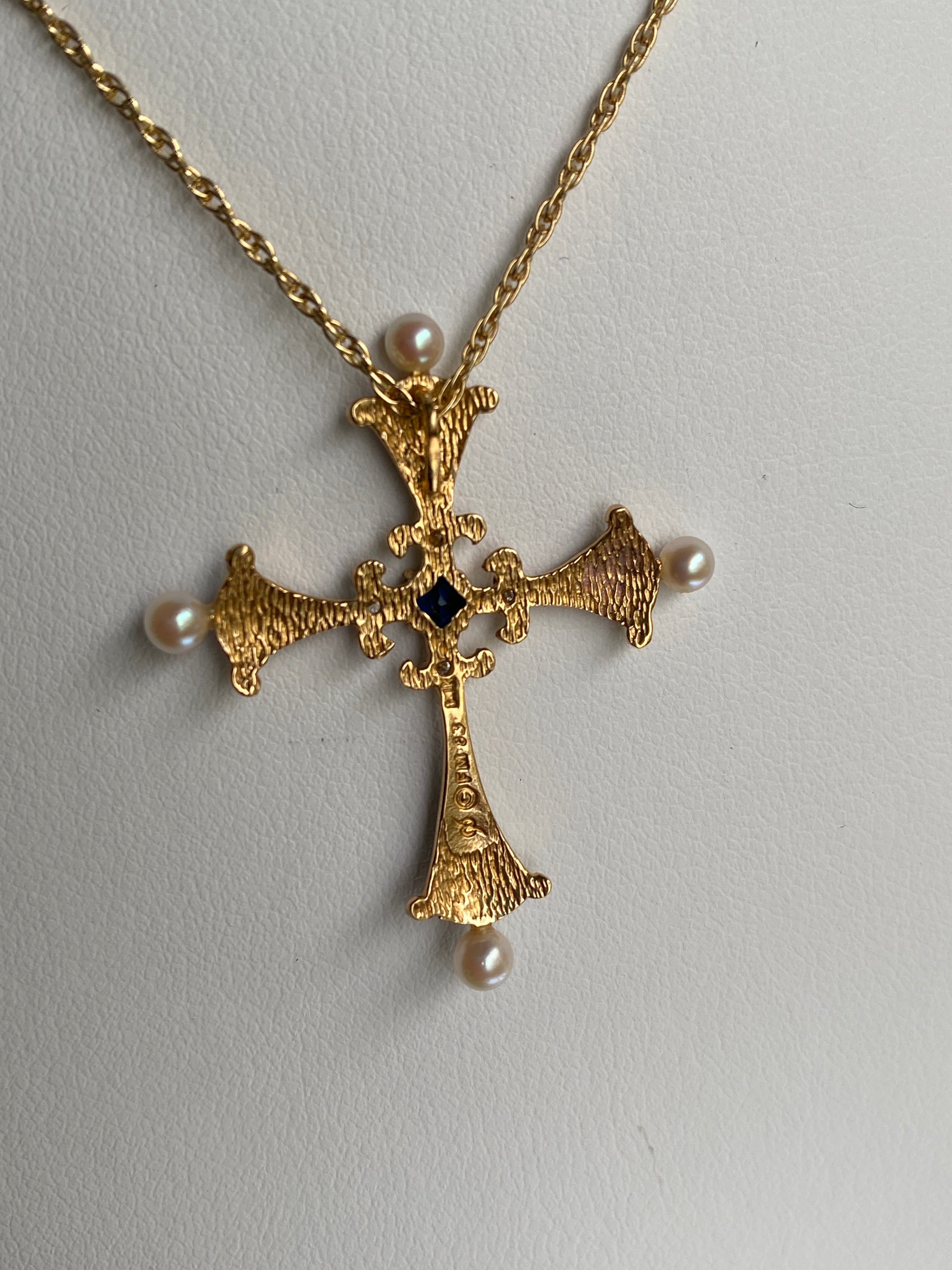 Modern Enamel, Sapphire & Pearl Cross, Franklin Mint. Designed by Igor Carl Faberge.