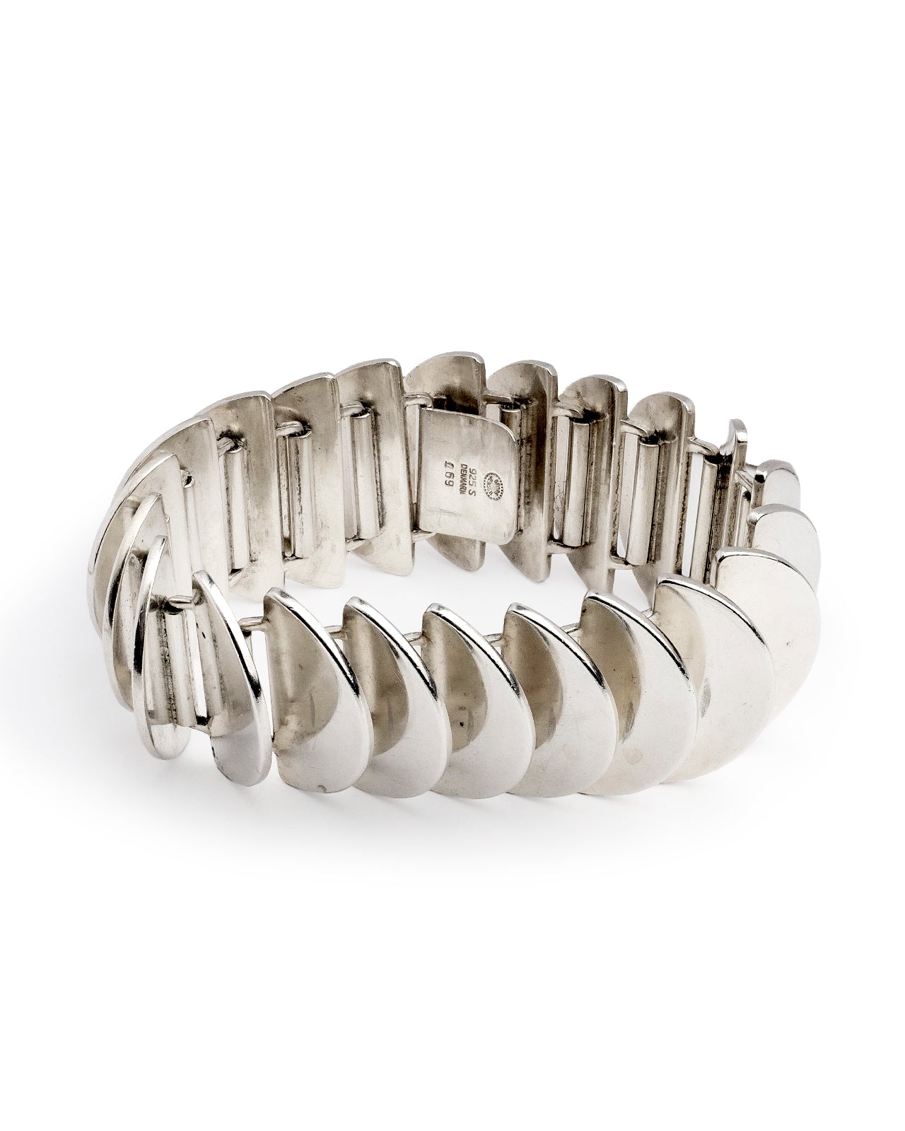 Authentic Georg Jensen, Sterling Silver Disc Bracelet No. 169, Astrid Fog. A bold modernist bracelet designed 1966 by Astrid Fog for Georg Jensen