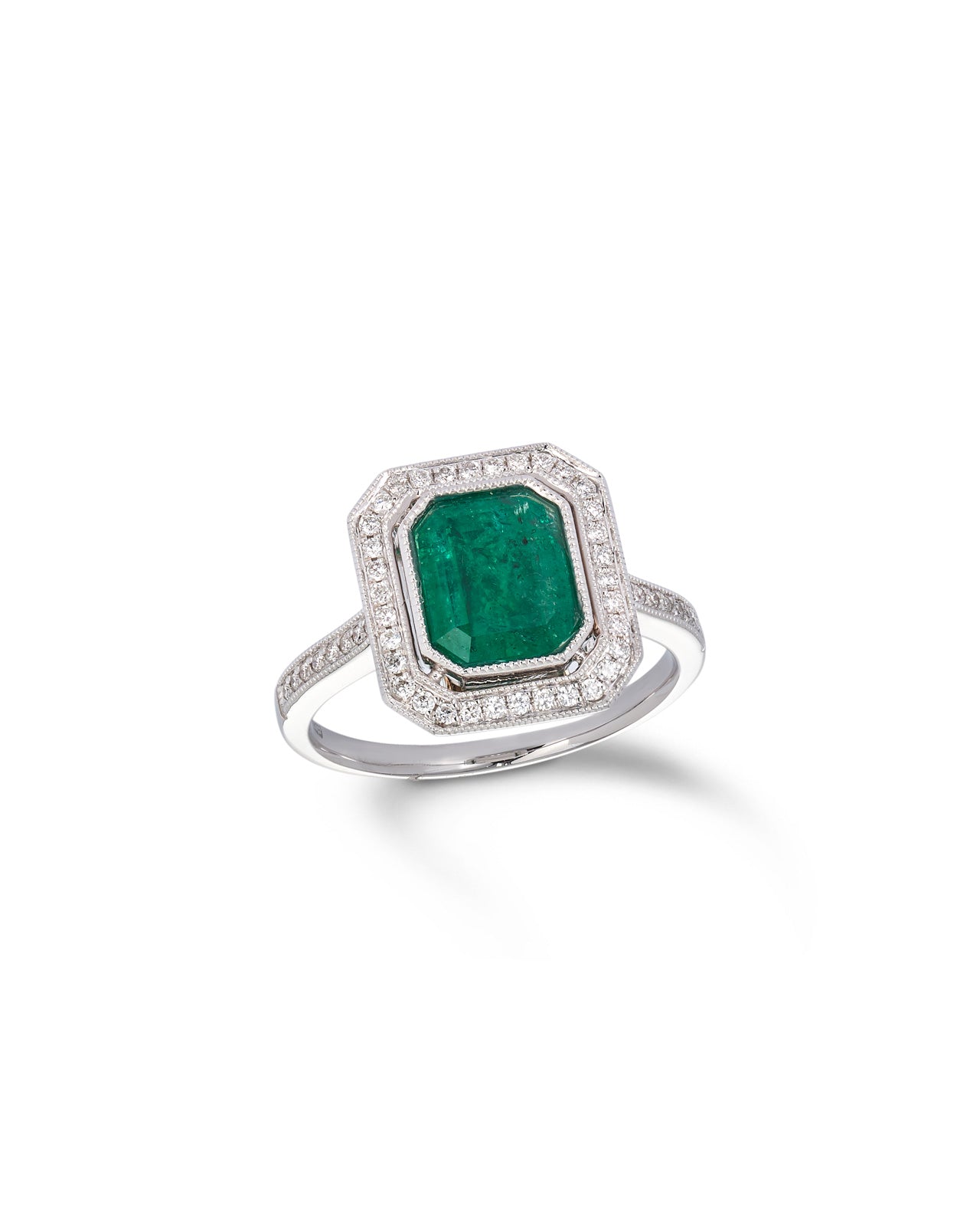 Modern Emerald & Diamond Cluster Ring, 18ct white gold