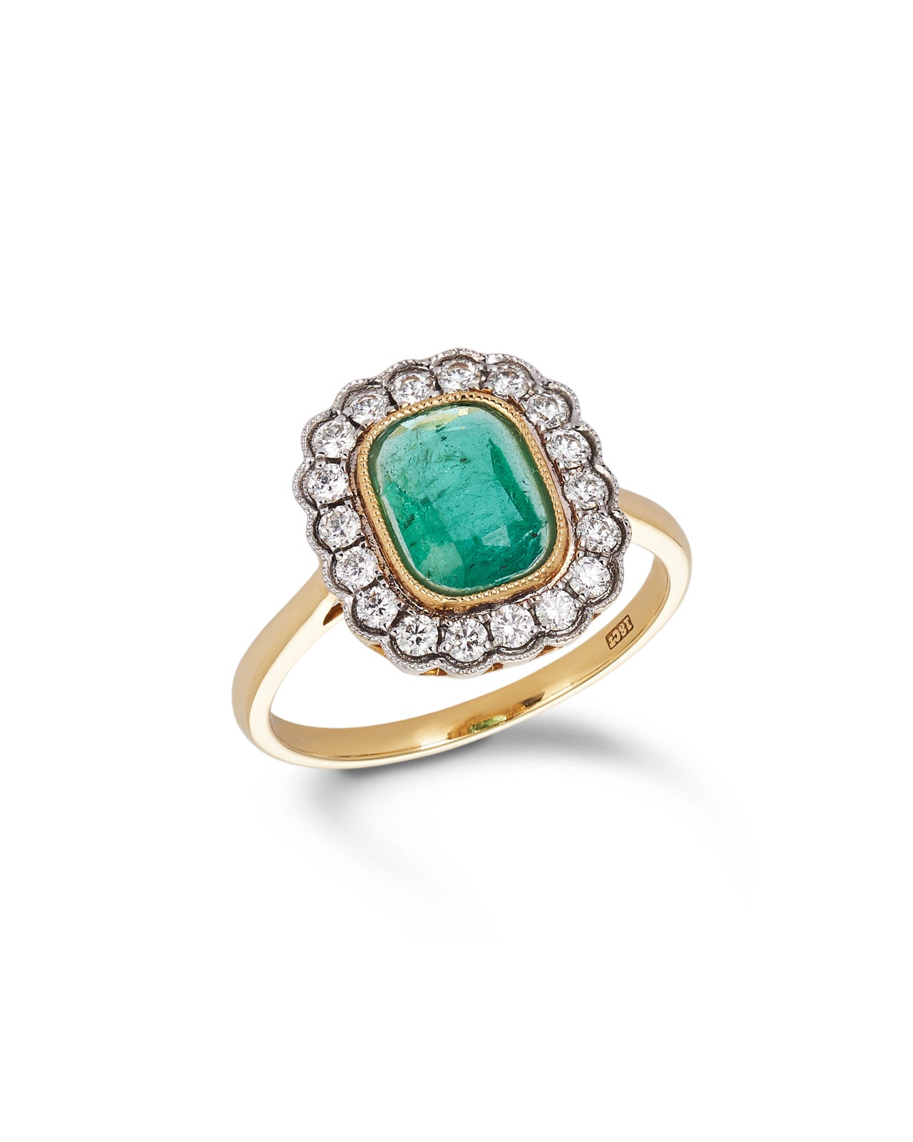 Delightful Emerald & Diamond Cluster Ring. 18ct yellow & white gold
